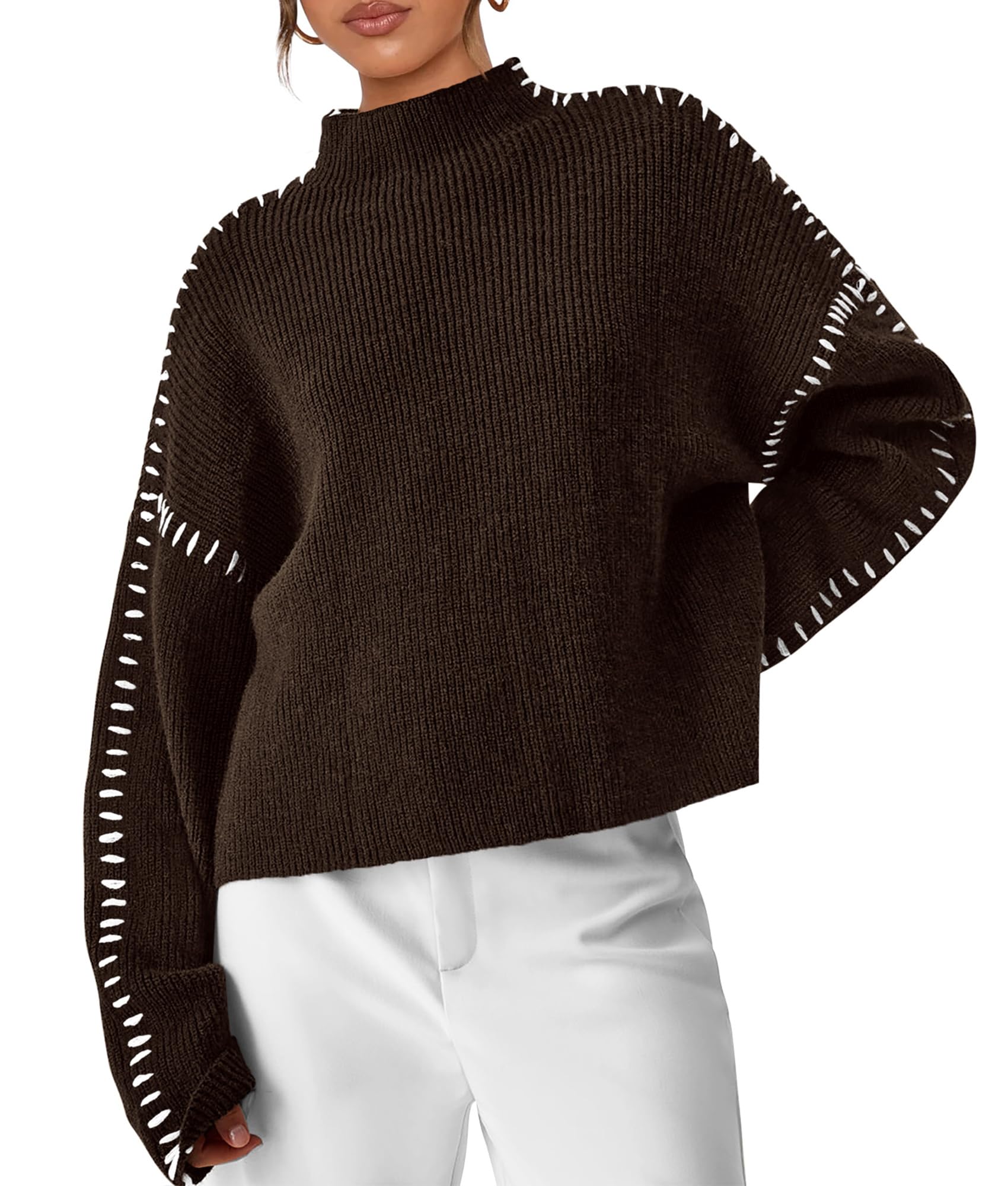 Womens Chunky Knit Oversized Pullover Sweaters,Coffee,S