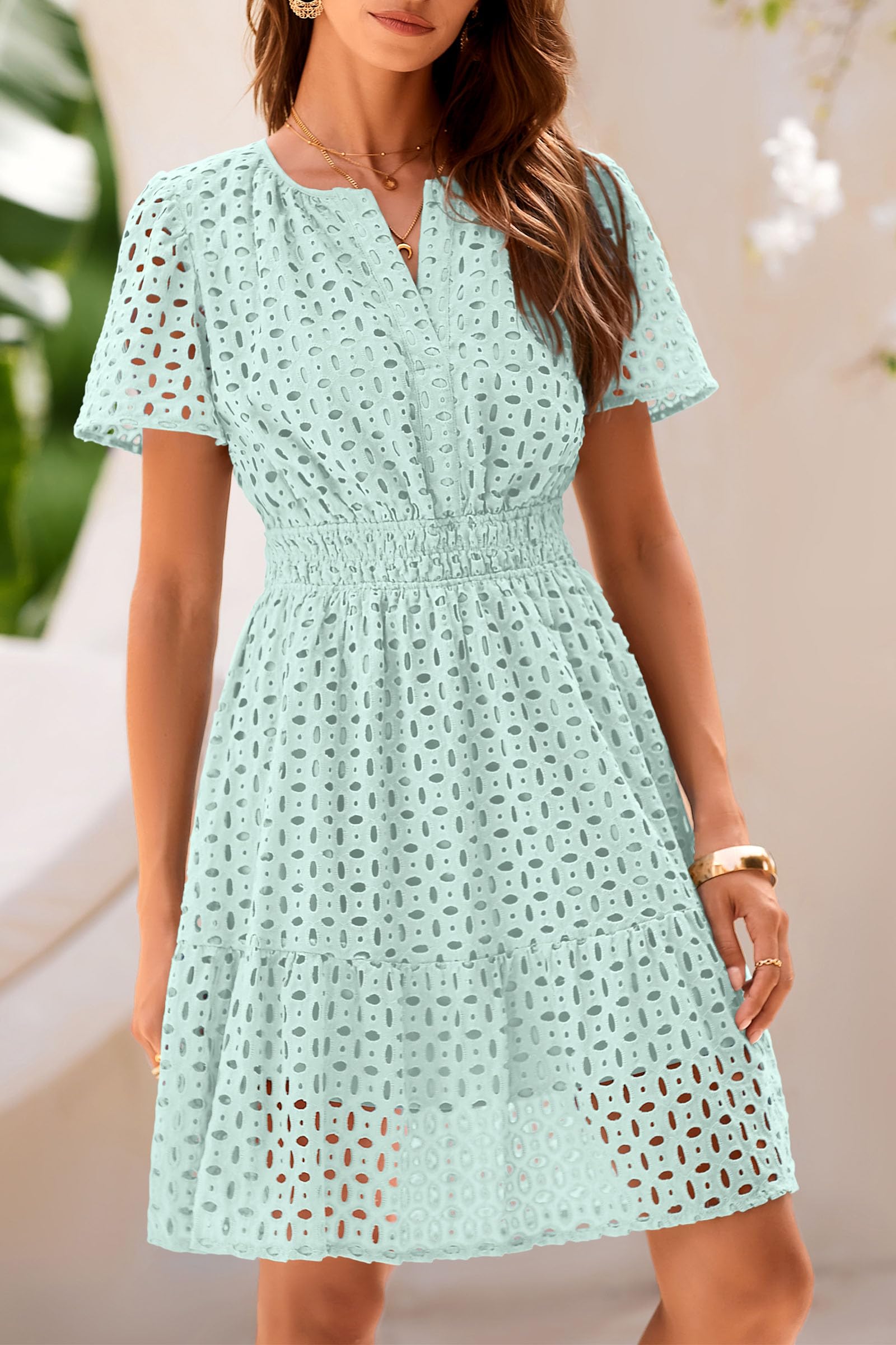 Women's Summer Eyelet Lace Short Dresses (Light Green,S)