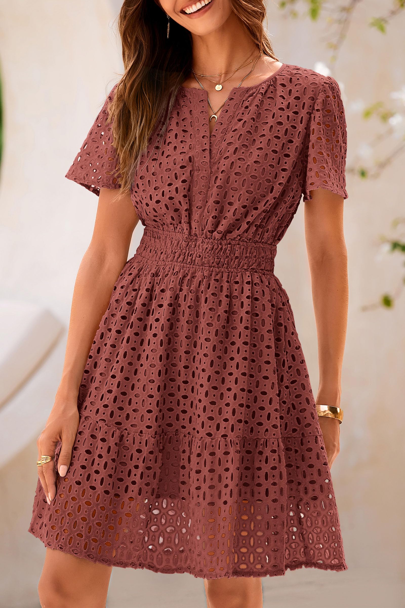 Womens 2025 Summer Short Dress V Neck Short Sleeve A Line Hollow Out Lace Ruffle Cute Casual Beach Party Dresses (Brown Red,Small)