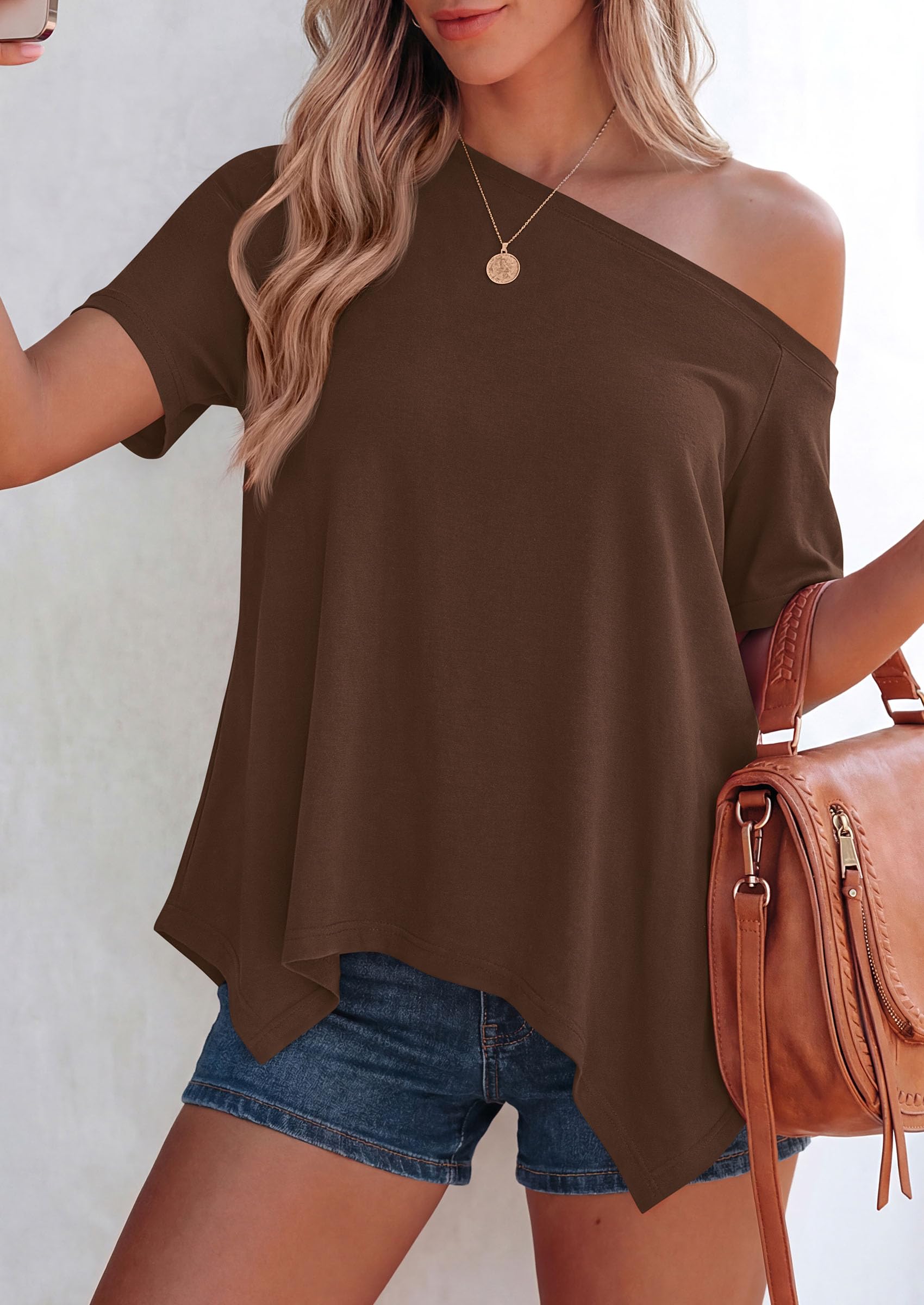 Off Shoulder Tops for Women Oversized Tshirts, Brown,S