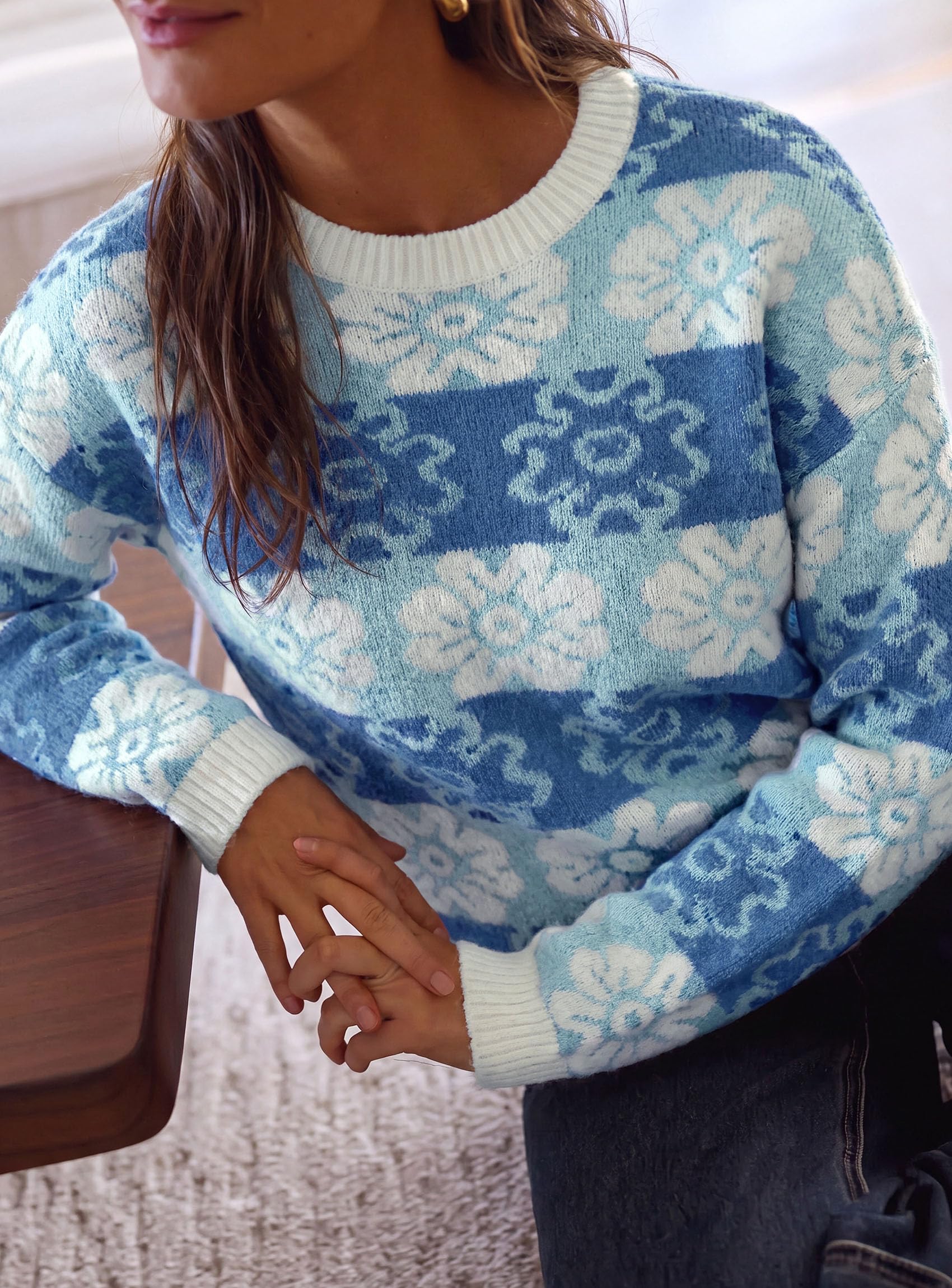 Women's Floral Crewneck Sweater Knit Pullover,Grey Blue,S
