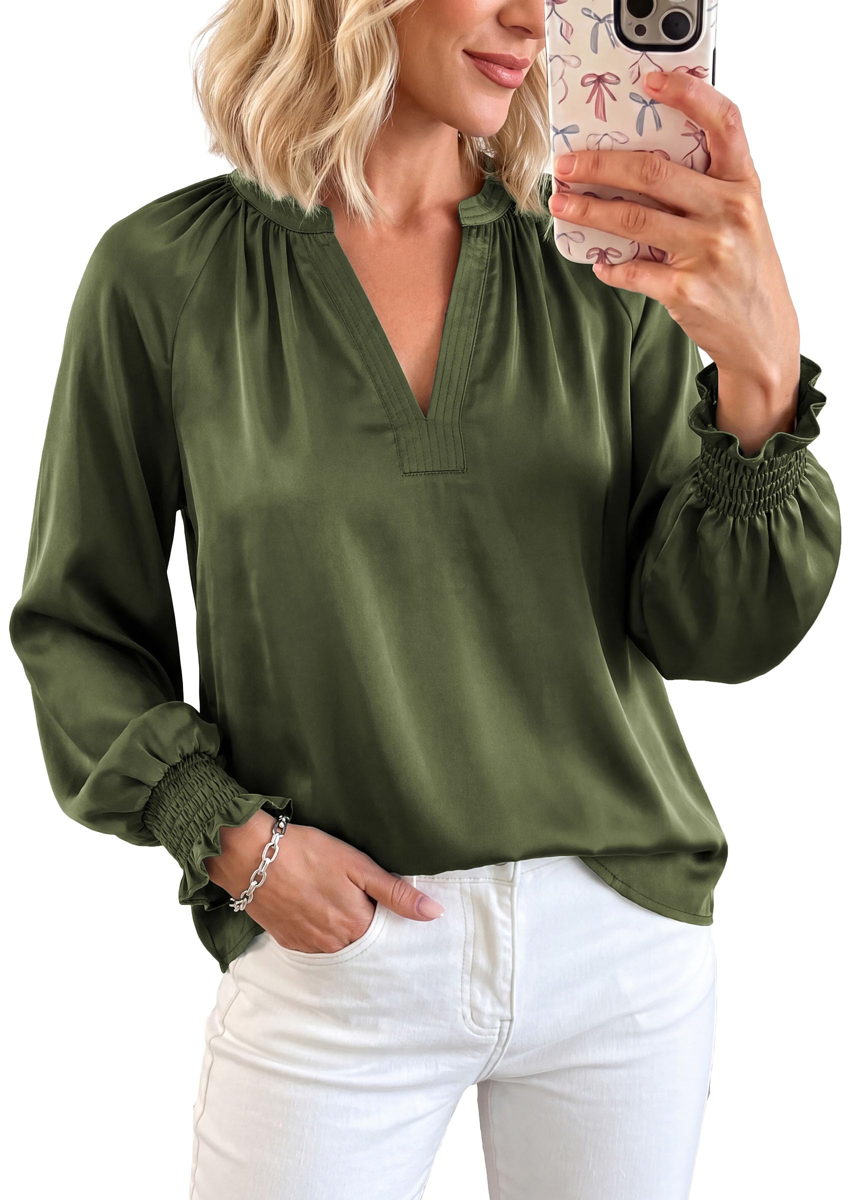 Women's Satin Blouses V Neck Long Sleeve Tops,Army Green,L