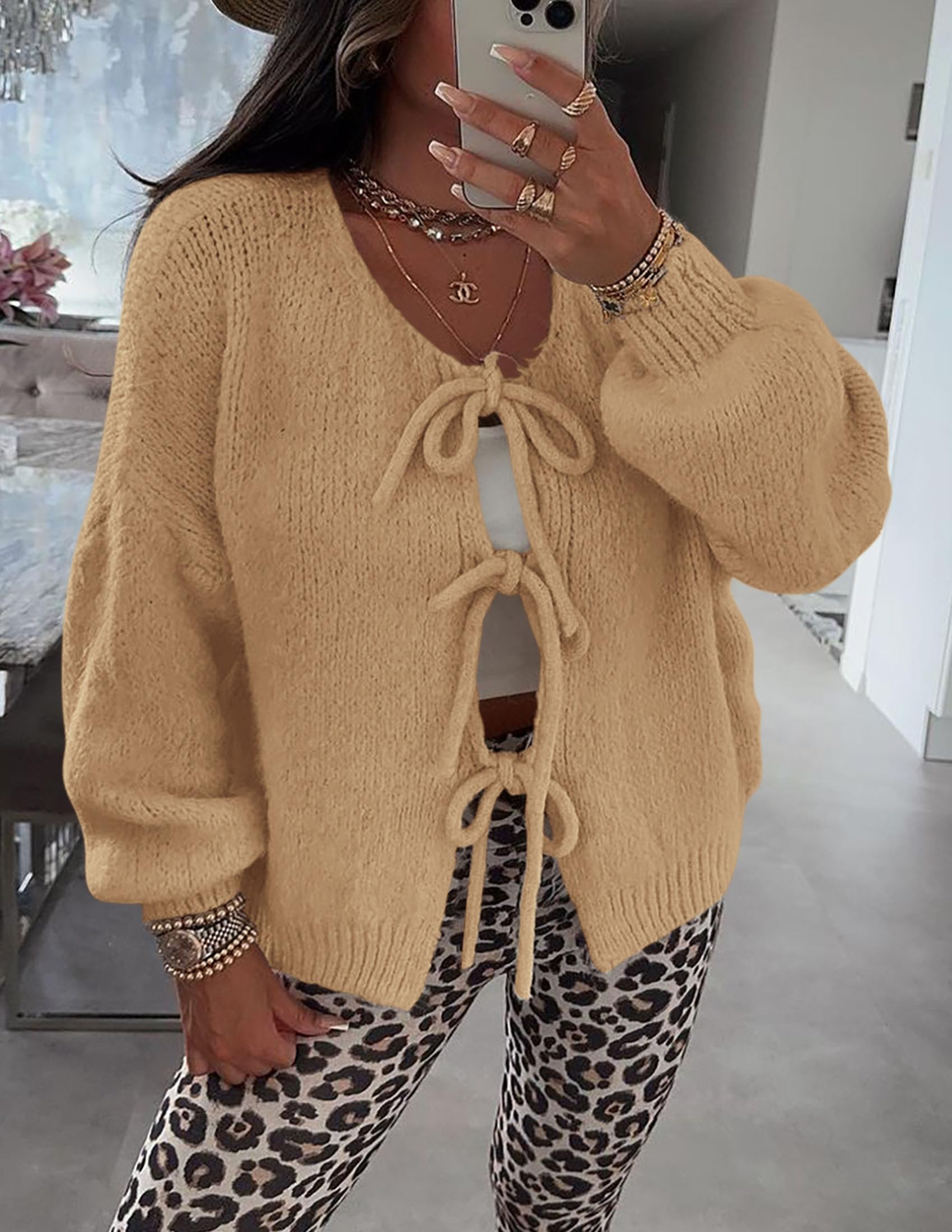 Women's Tie Front Bow Cardigan Sweaters(Khaki,Small)