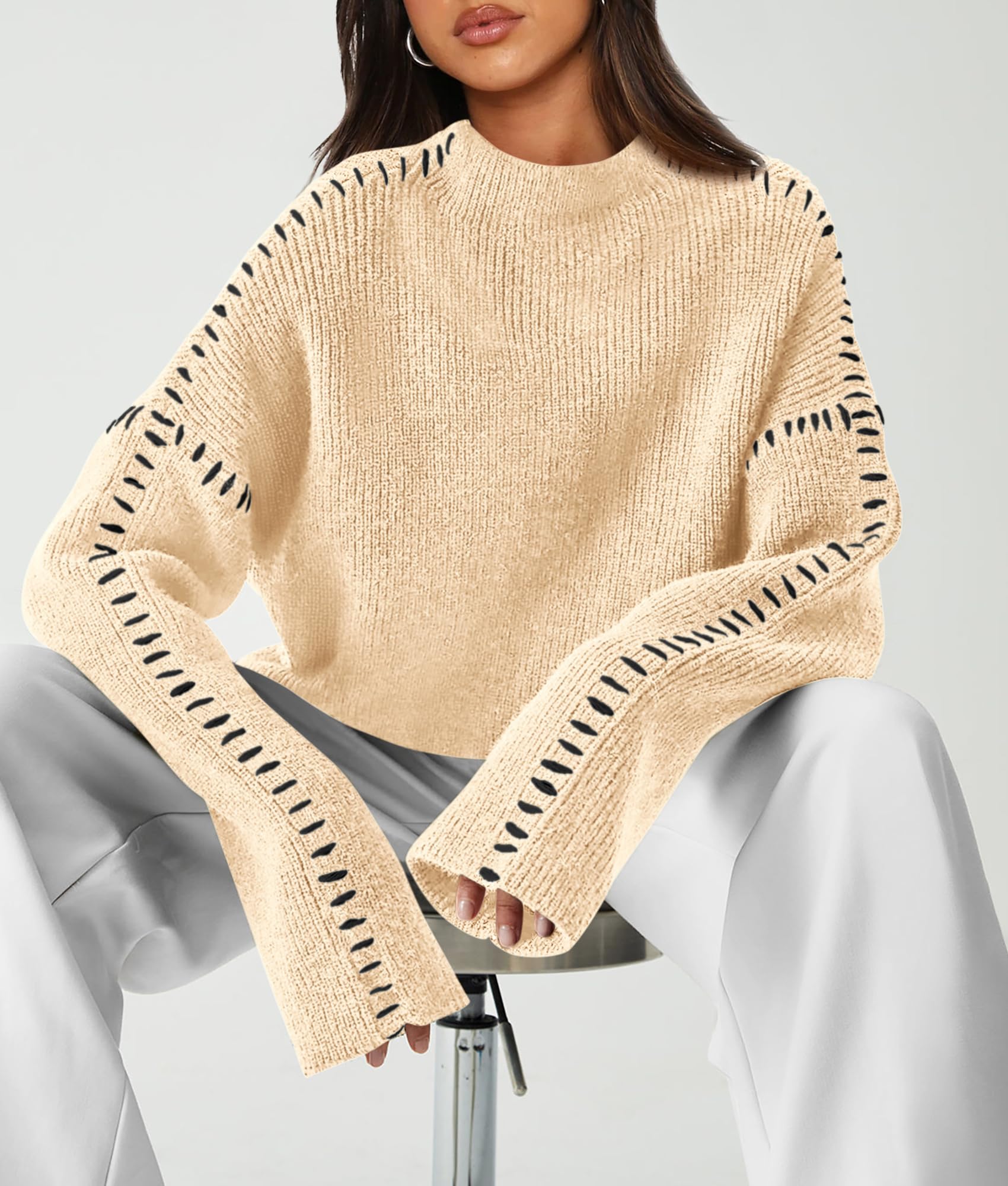 Womens Chunky Knit Oversized Pullover Sweaters,Beige,S
