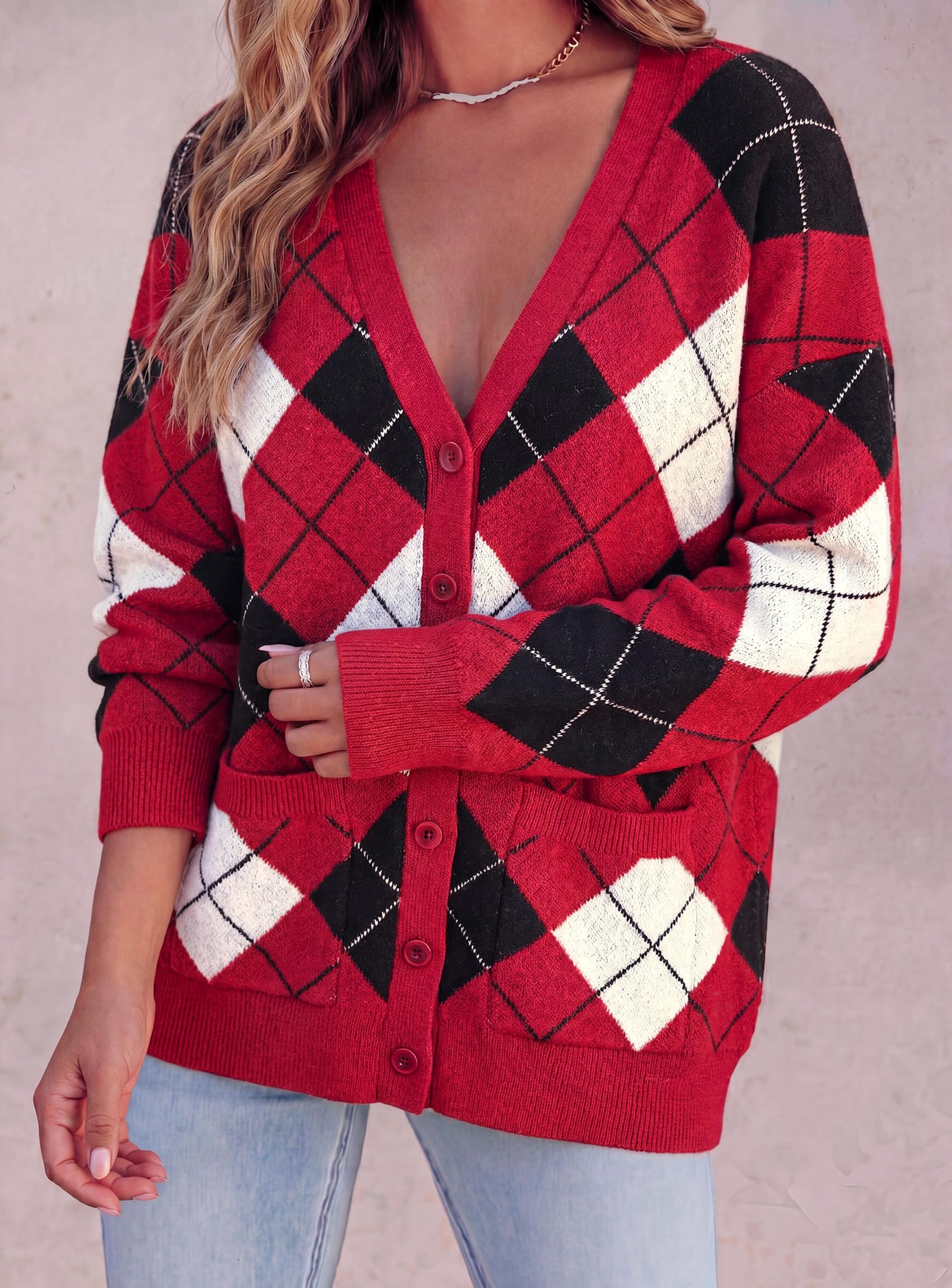 Women's Cardigan Argyle Winter Sweaters (Plaid Red,S)