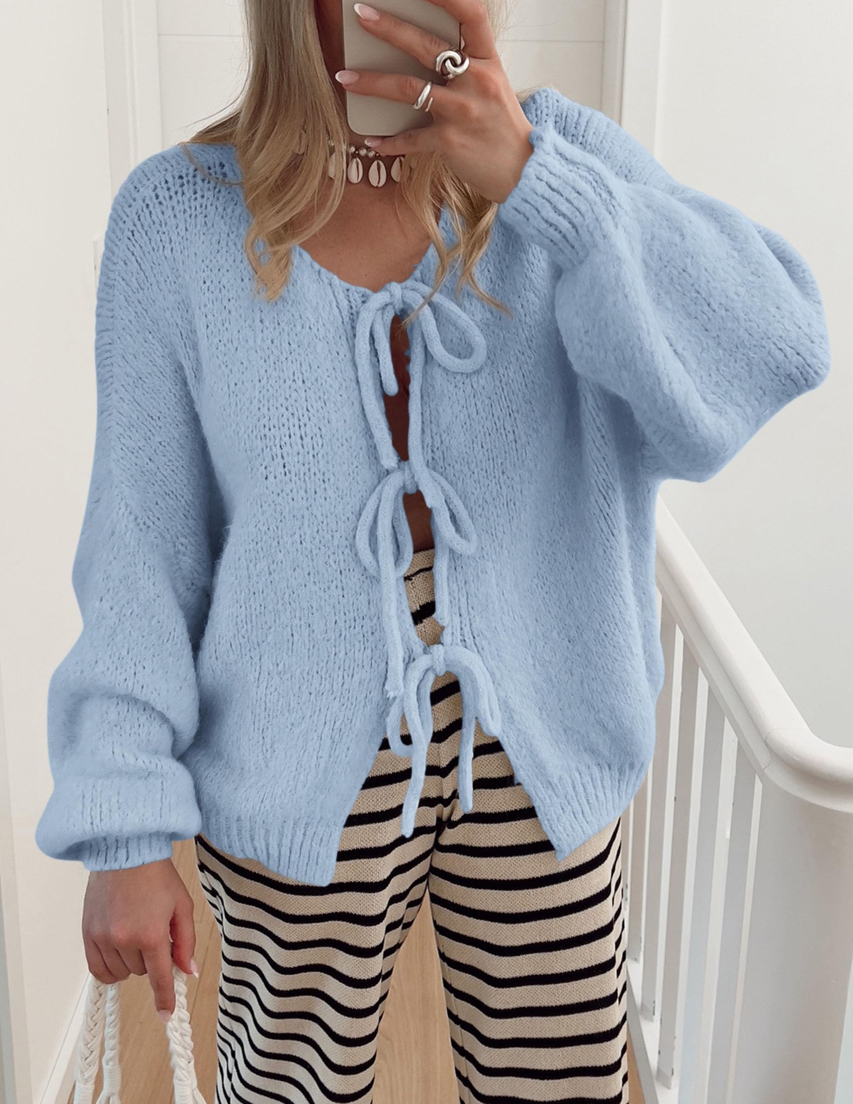 Women's Tie Front Bow Cardigan Sweaters(Sky Blue,Medium)