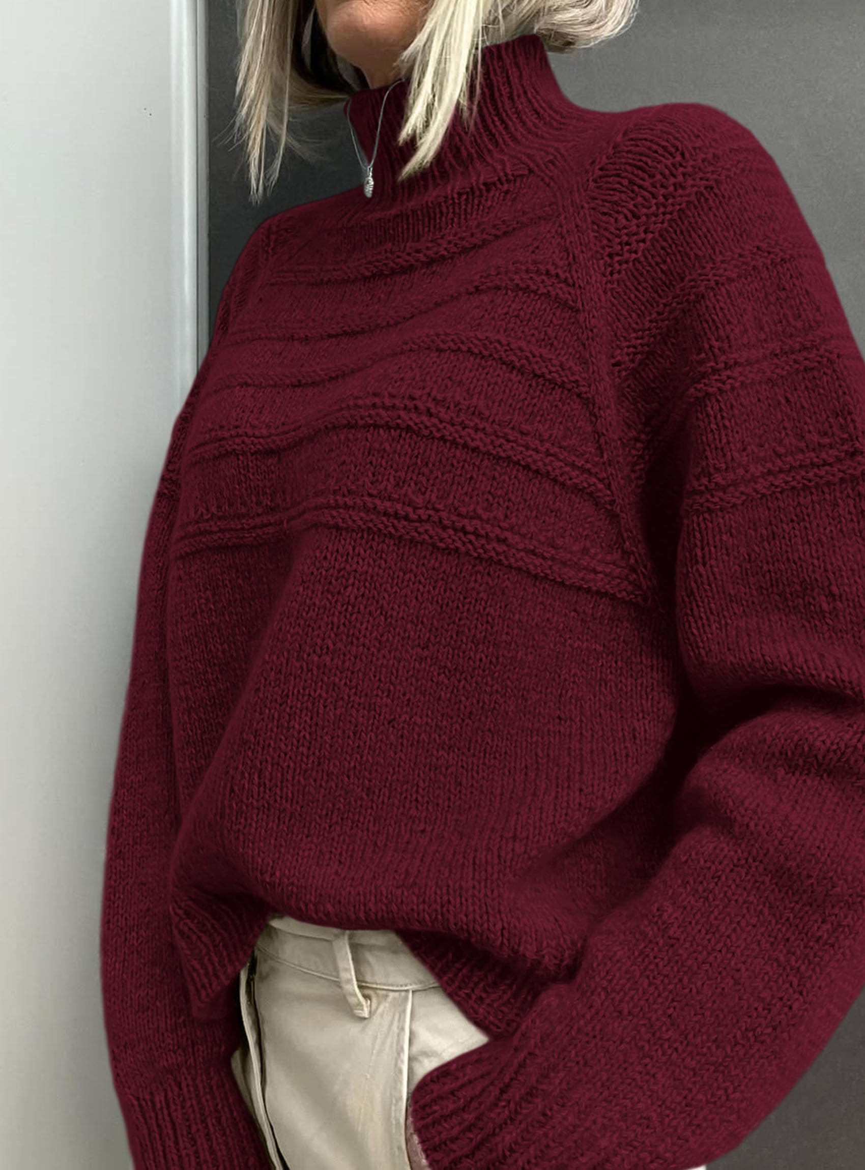 Women's Chunky Knit Mock Neck Pullover Sweaters,Burgundy,S