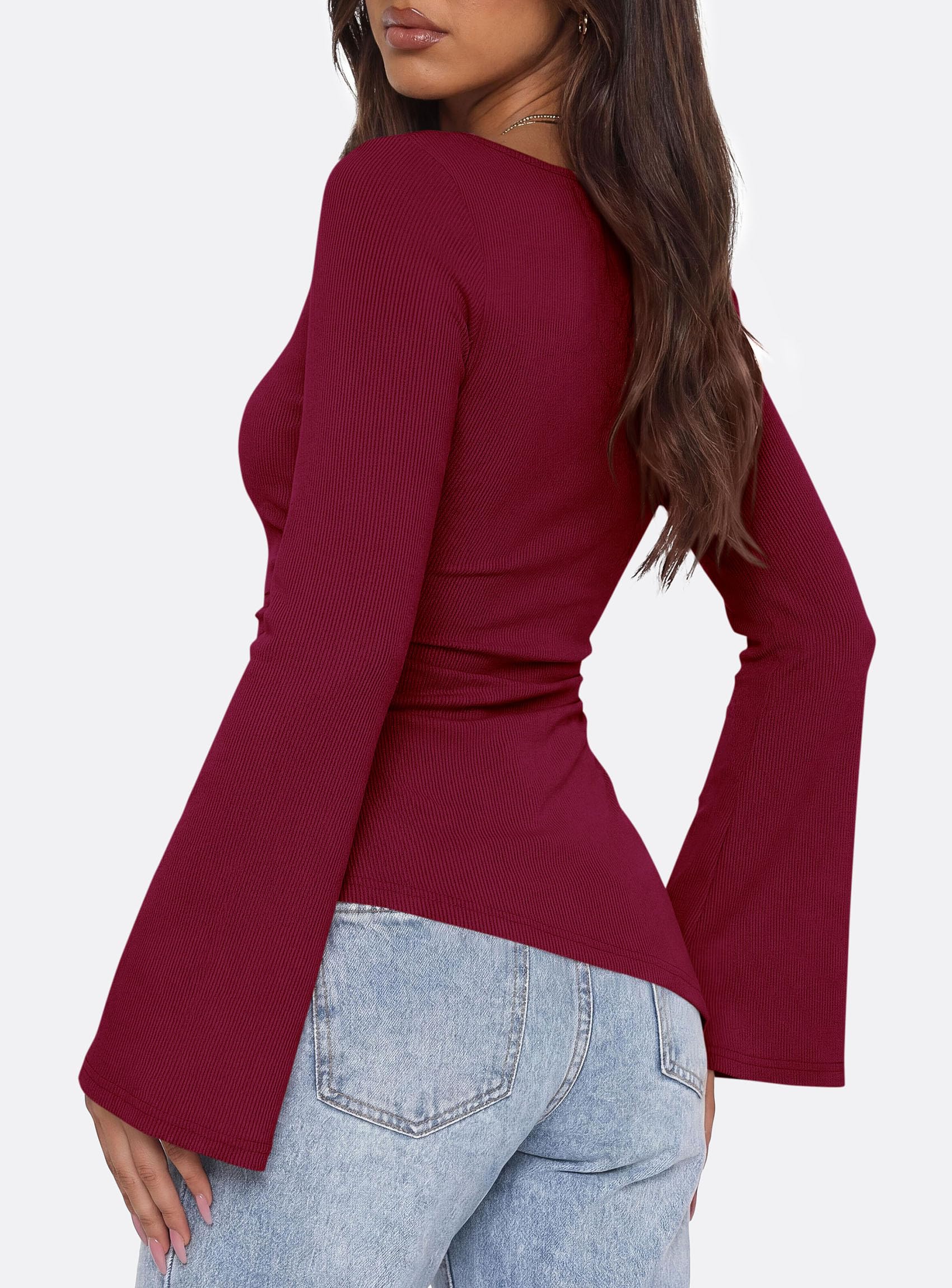 Womens Bell Long Sleeve Boat Neck Asymmetrical Tops Wine Red