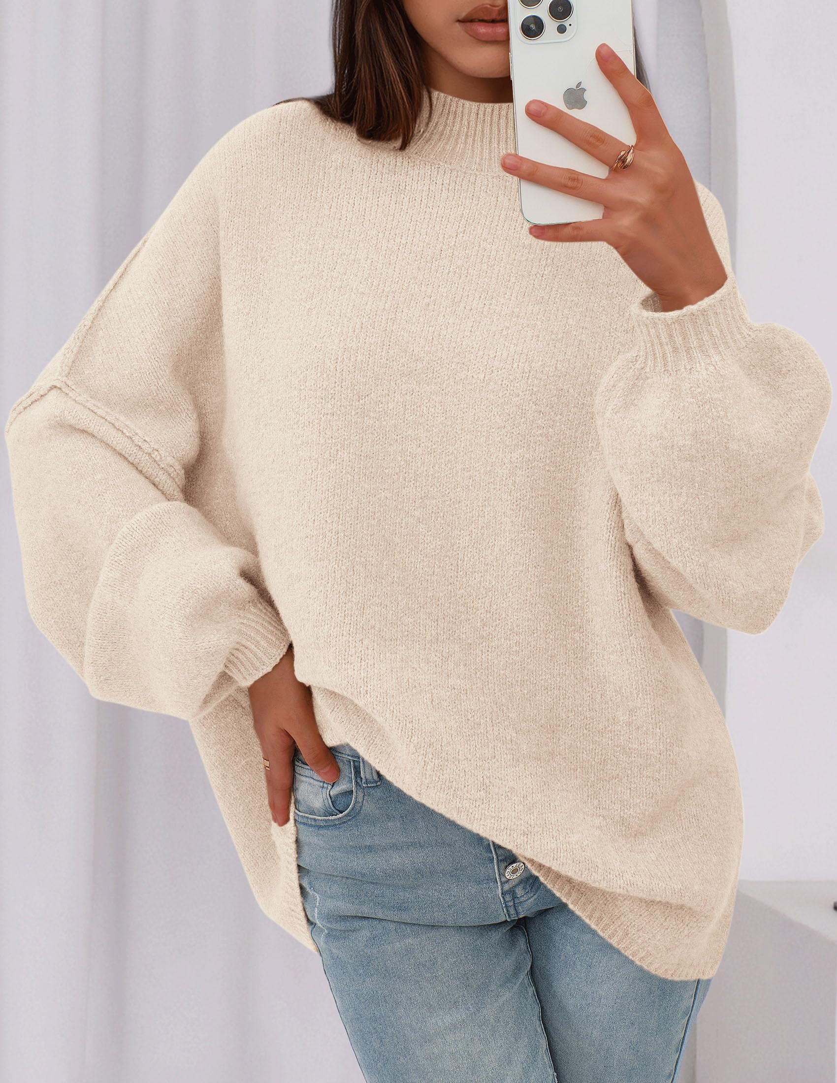 Women's Oversized Sweaters Fall Clothes (Beige,S)