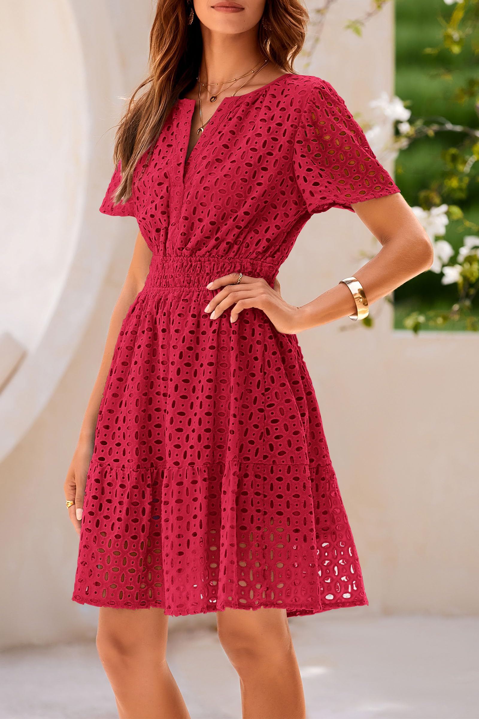 Women's Summer Eyelet Lace Short Dresses (Red,S)