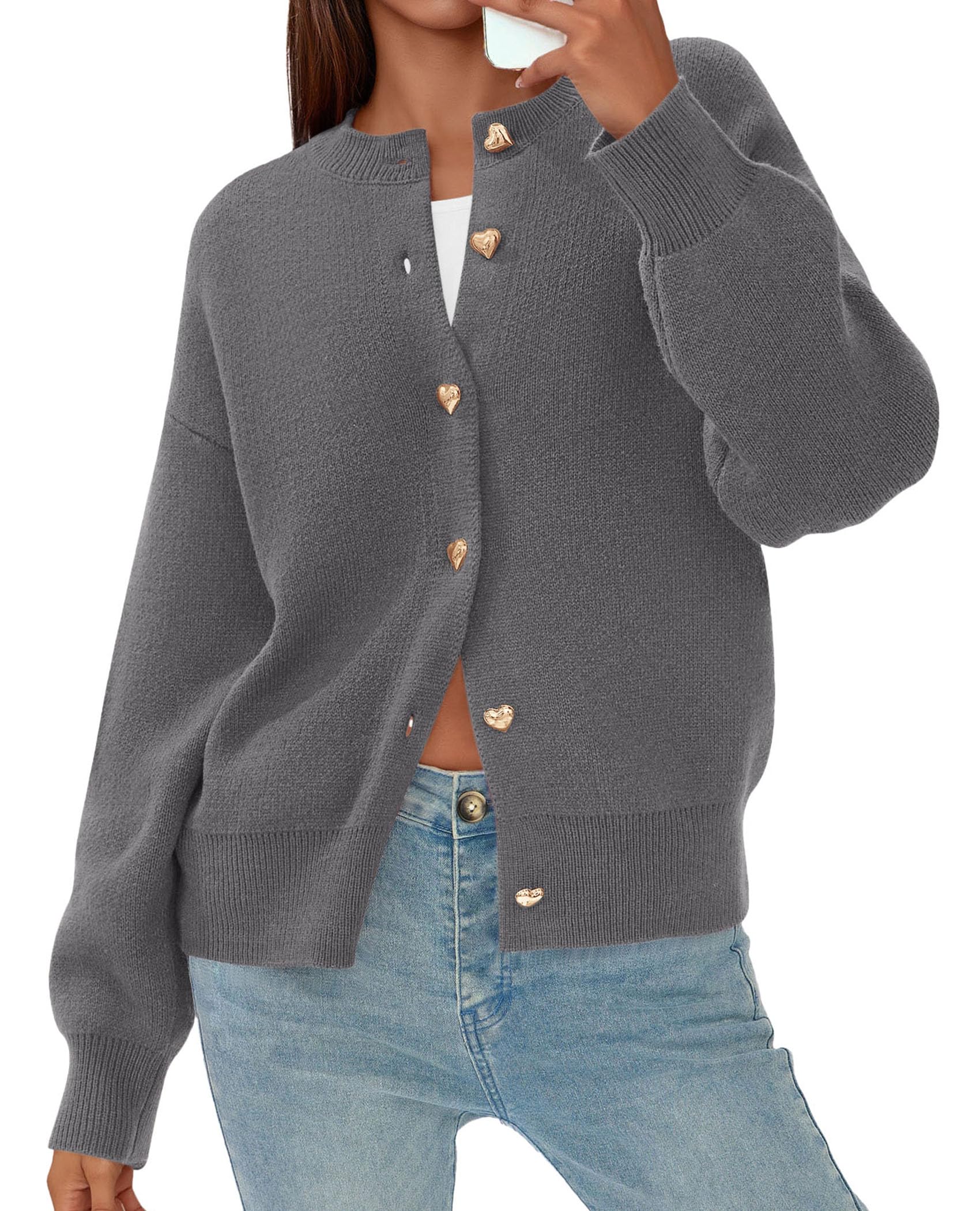 Women's Long Sleeve Button Up Cardigan,Grey,S