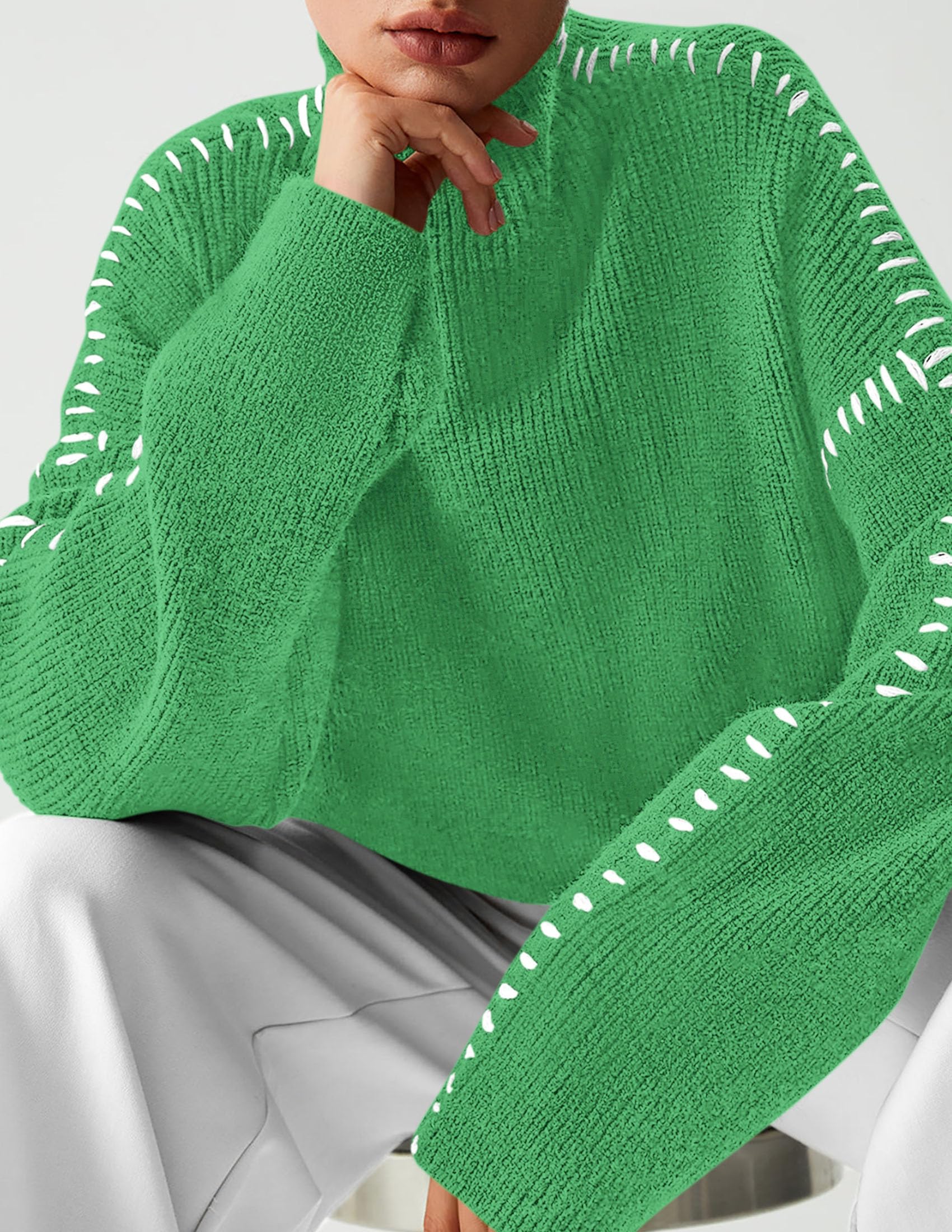 Womens Chunky Knit Oversized Pullover Sweaters,Green,S