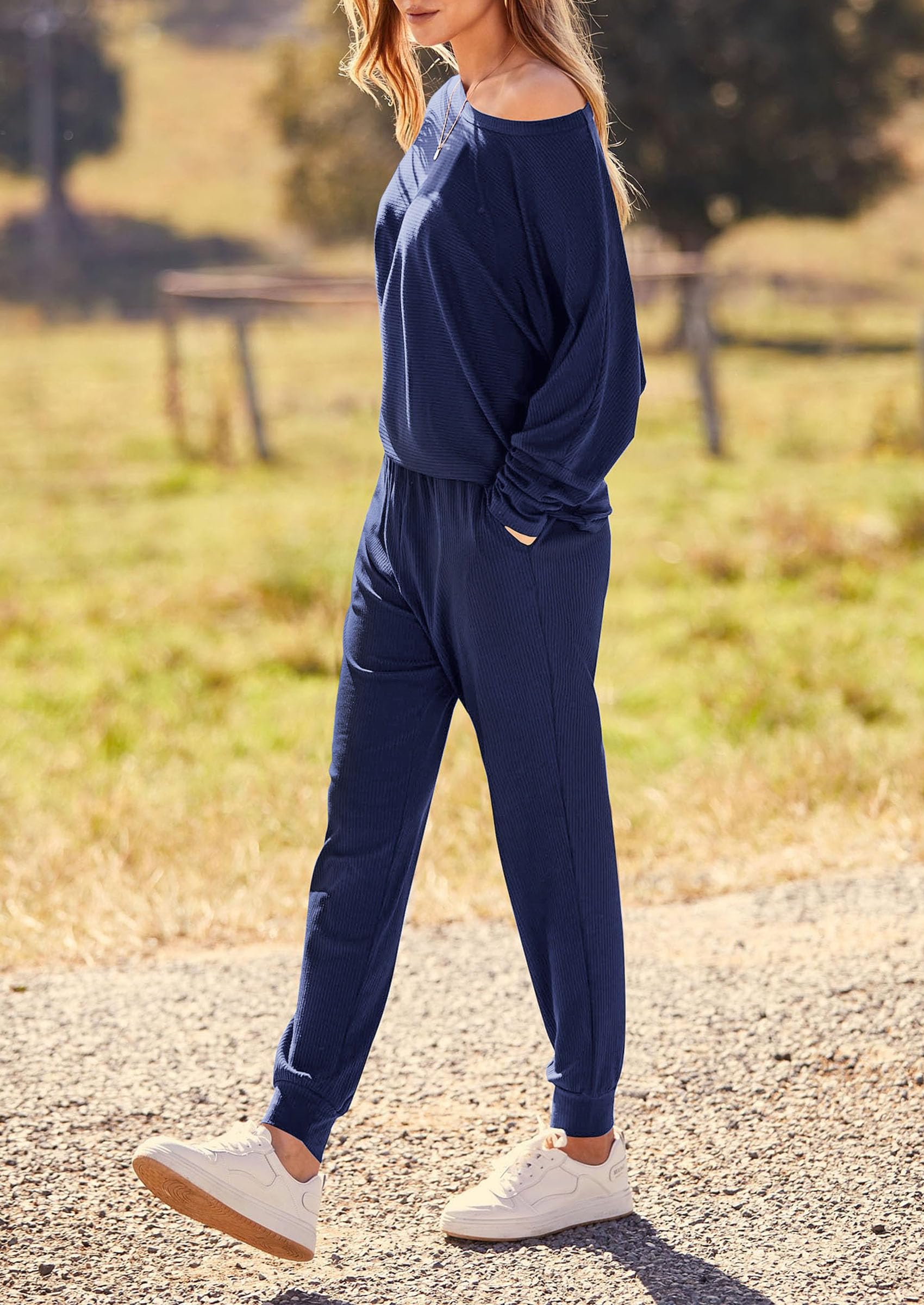 Women's 2 Piece Outfit Matching Lounge Set, Dark Blue,S