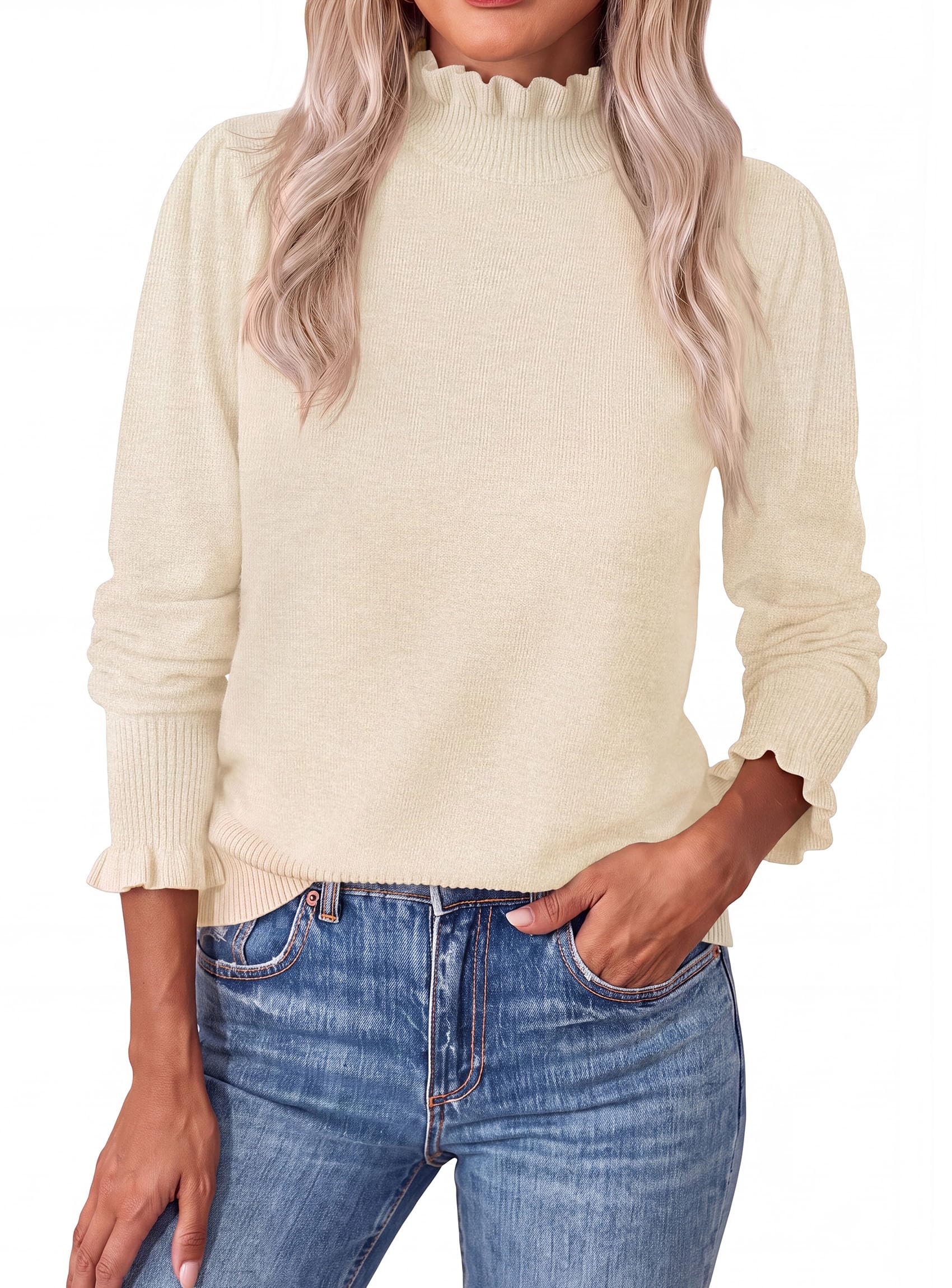 Women's Fall Cozy Sweaters Trendy Ruffle Mock Neck Pullover