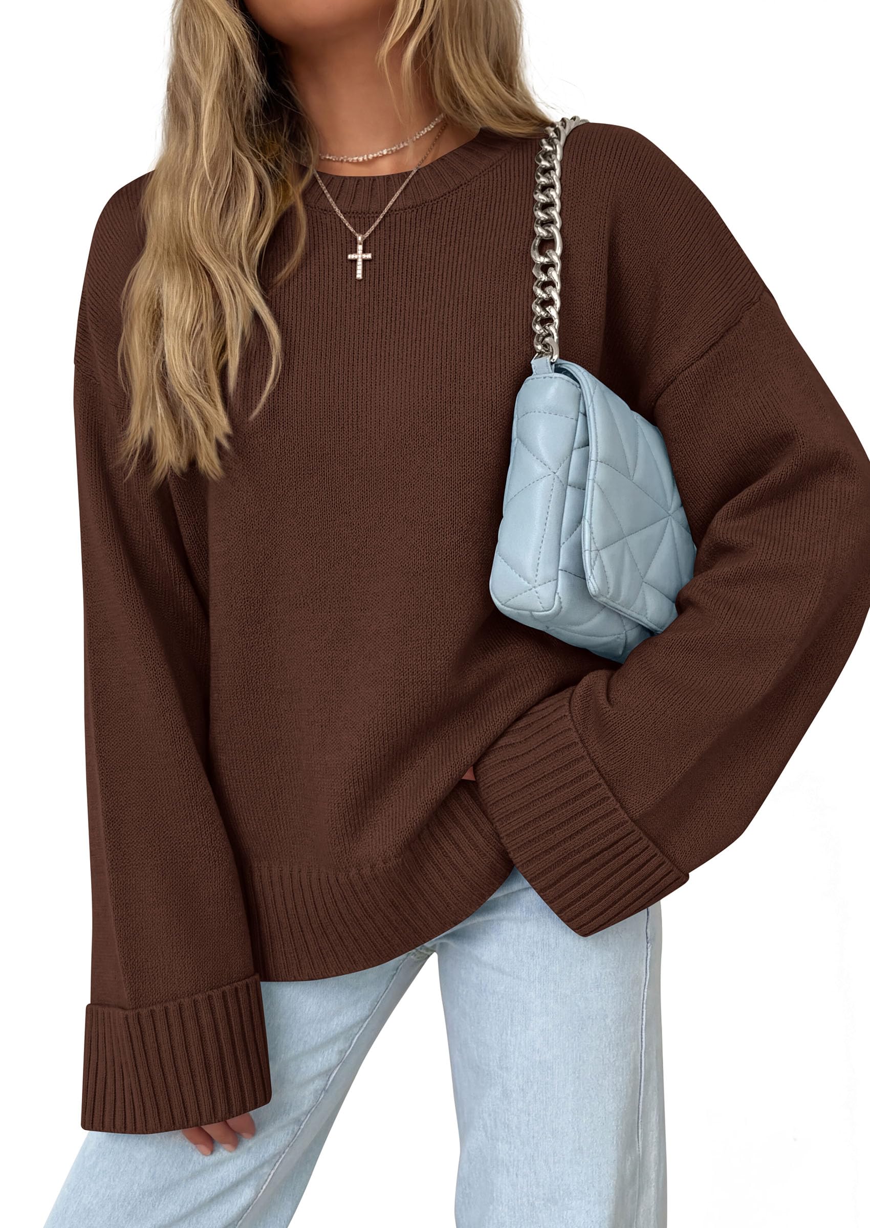 Oversized Sweater Women's Crewneck Long Sleeve Tops Brown