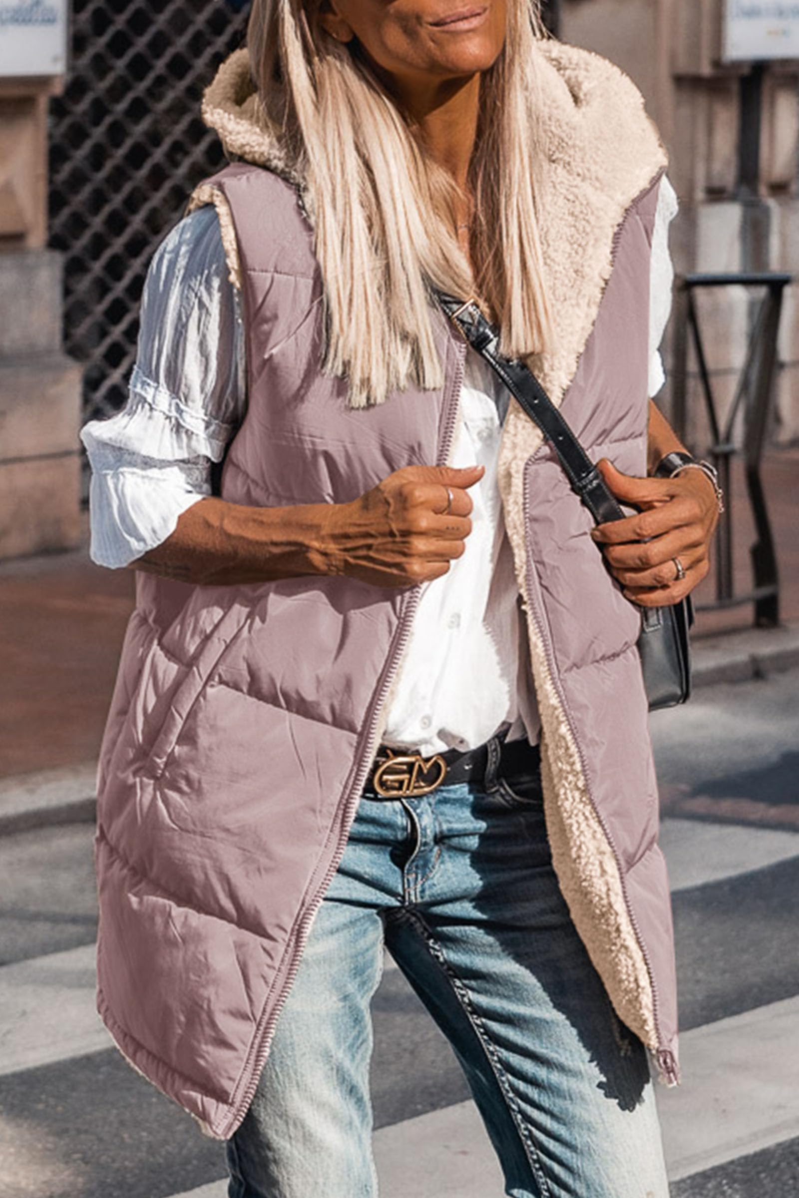 Women's Winter Reversible Fleece Long Vests Bean Paste Pink,S