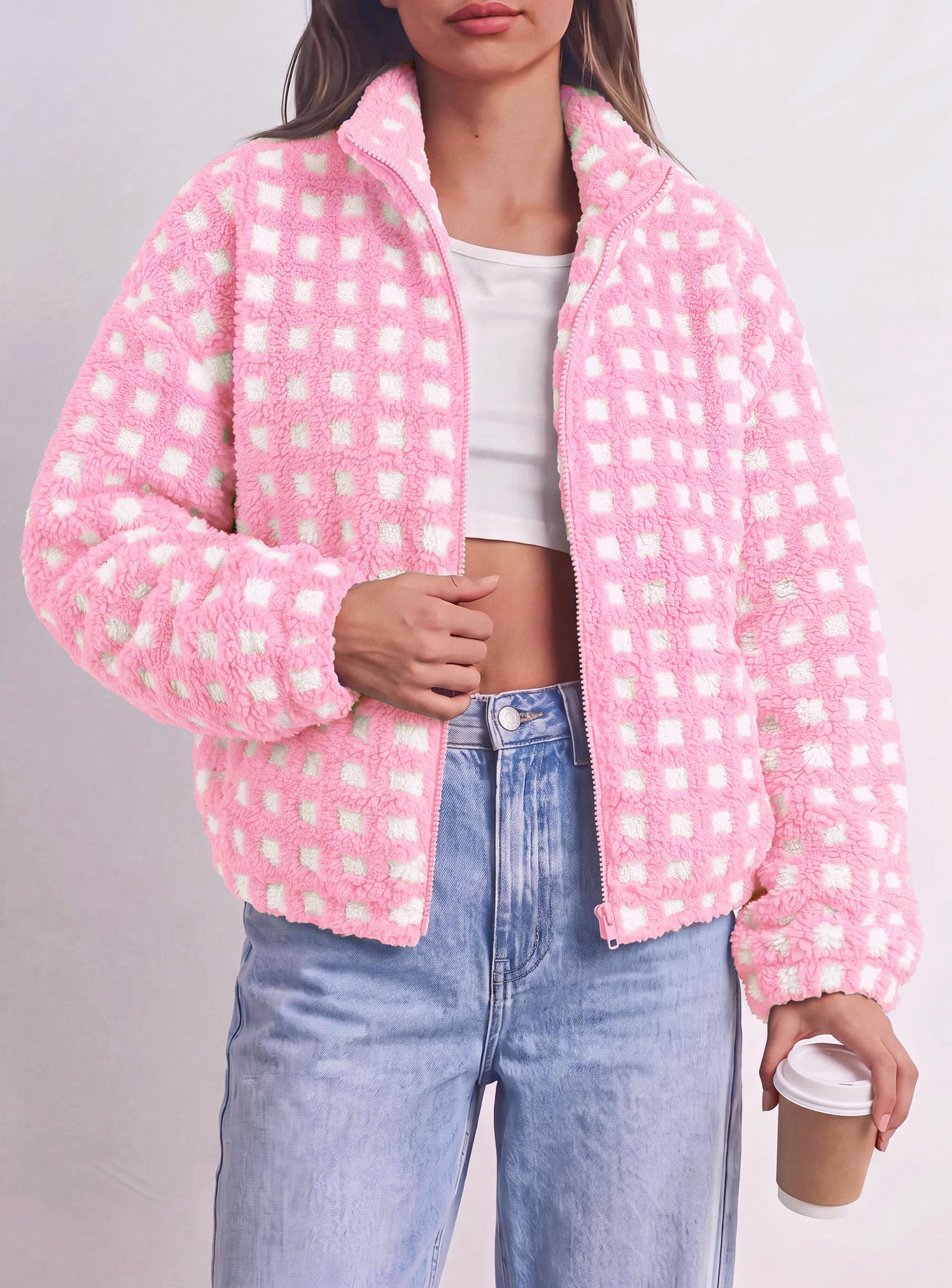 Women's Gingham Sherpa Fleece Jacket Plaid Cropped Teddy Coat