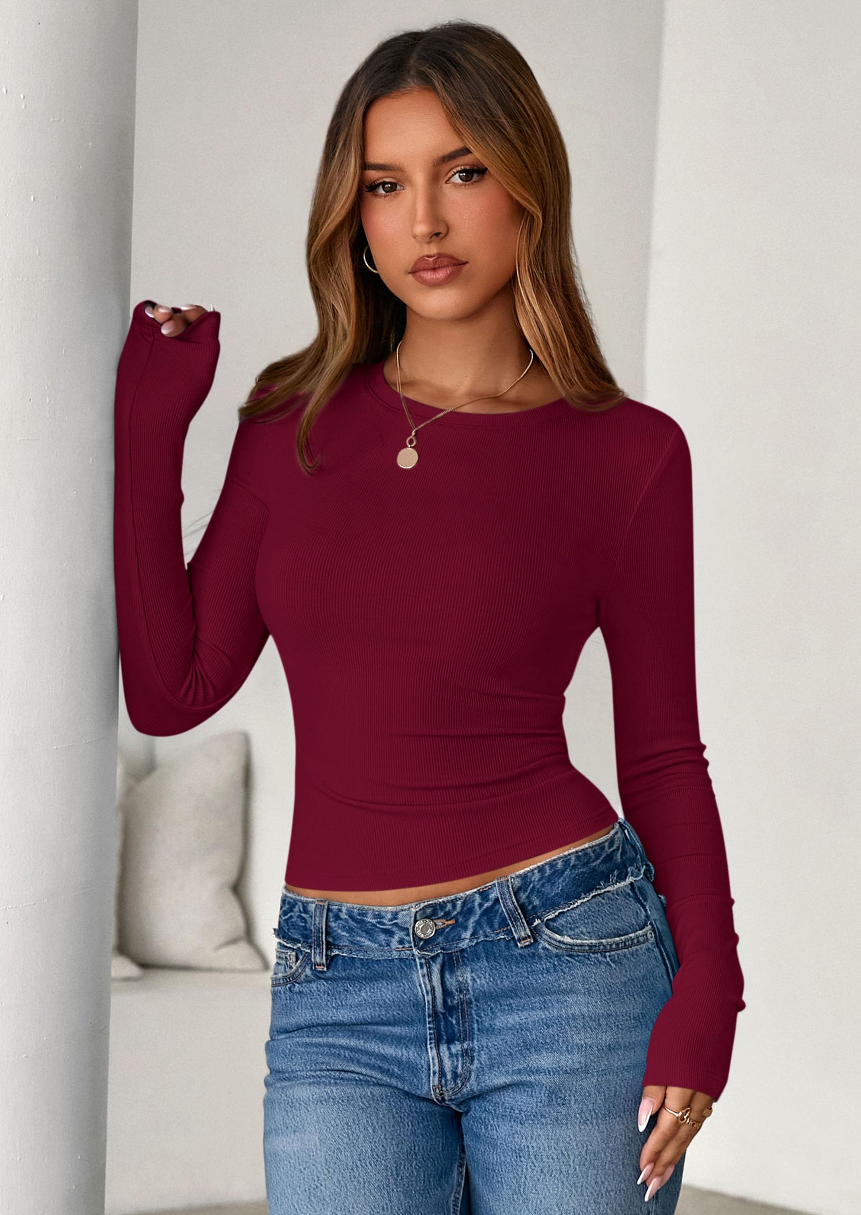 Women's Fall Long Sleeve Shirts Basic Tees (Burgundy,XS)