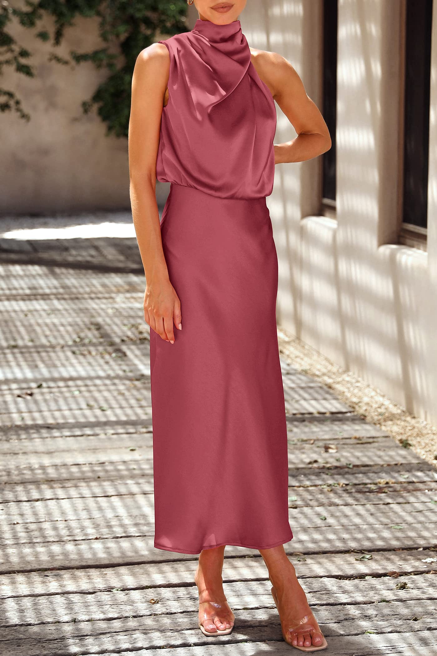 Women's Summer Satin Maxi Cocktail Dress Brick Red