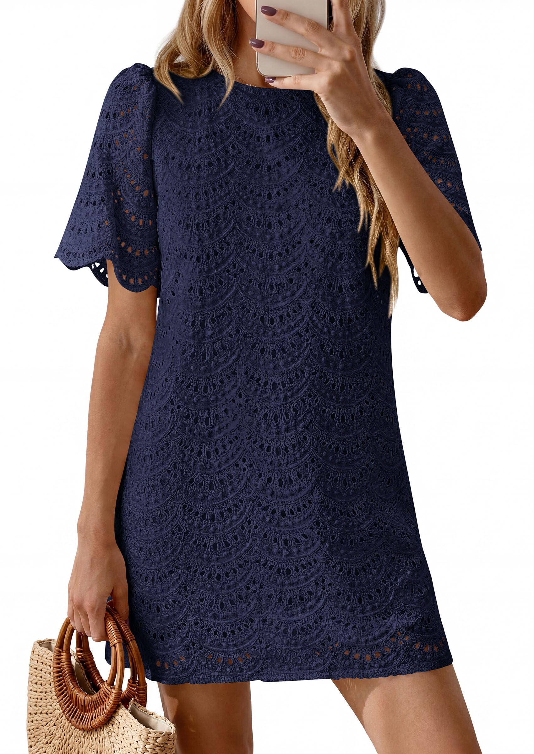 Women's Summer Eyelet Lace Short Dress (Navy Blue,S)