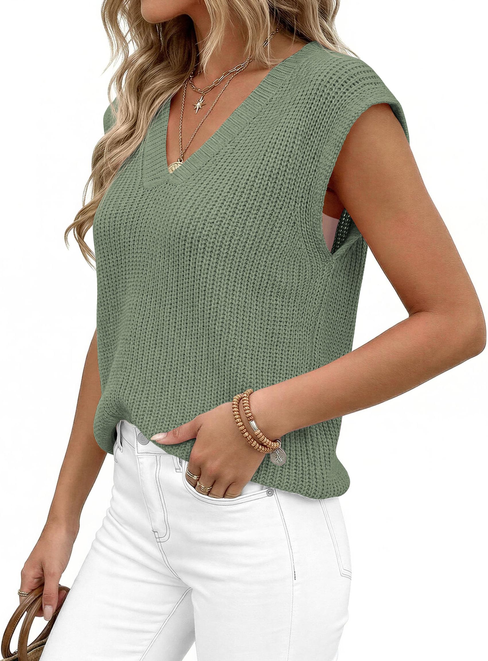Women's Cap Sleeve Sweaters Vest Summer Tops (Green,S)