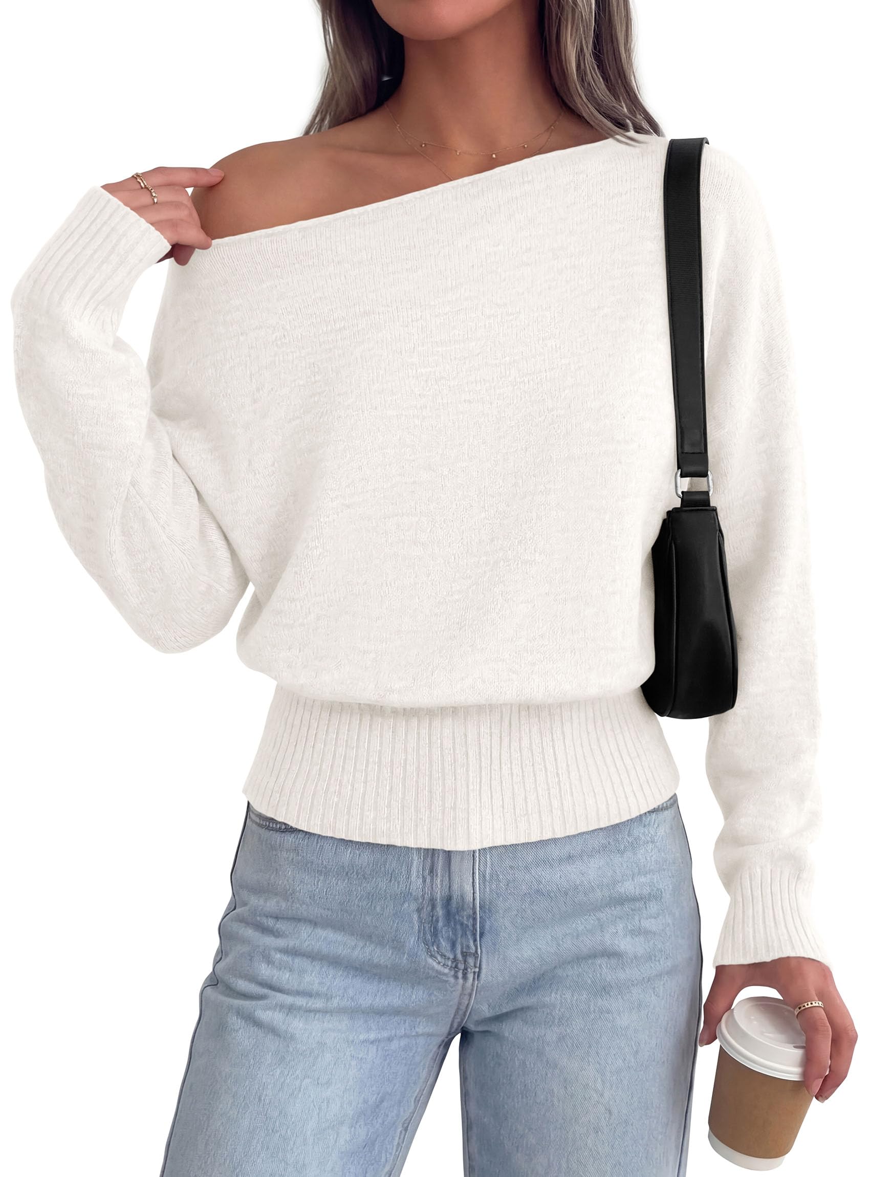 Womens Off The Shoulder Sweater Fall Fashion,White,M