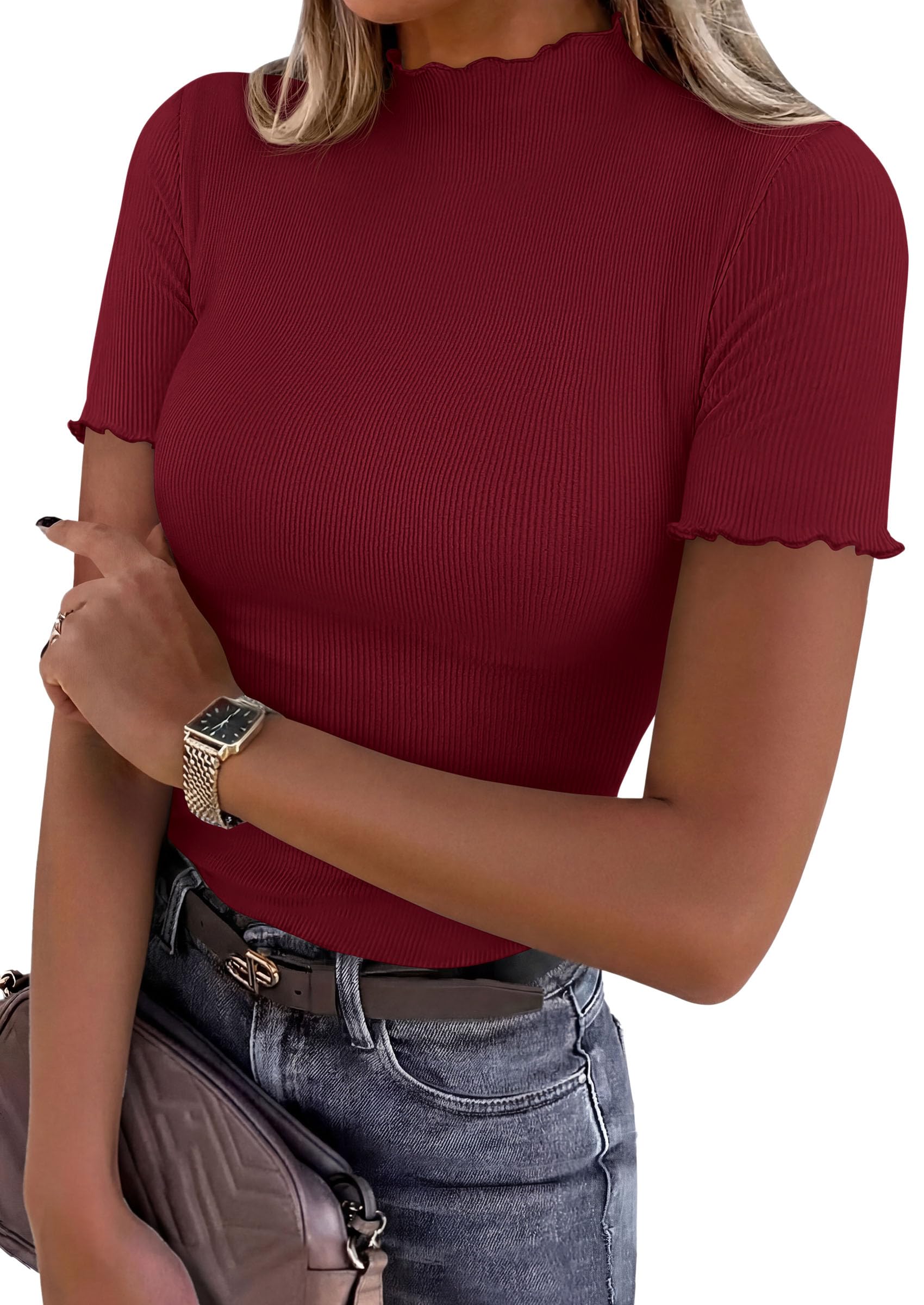 Women's Short Sleeve Ribbed Knit T Shirts, Burgundy,XS