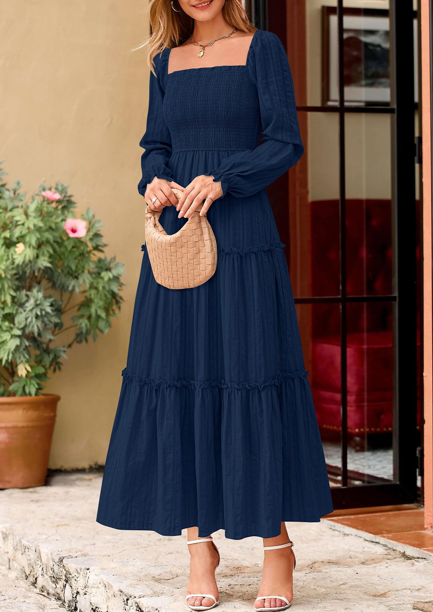 Women's Long Sleeve Ruffle Flowy Maxi Dress,Navy Blue,S