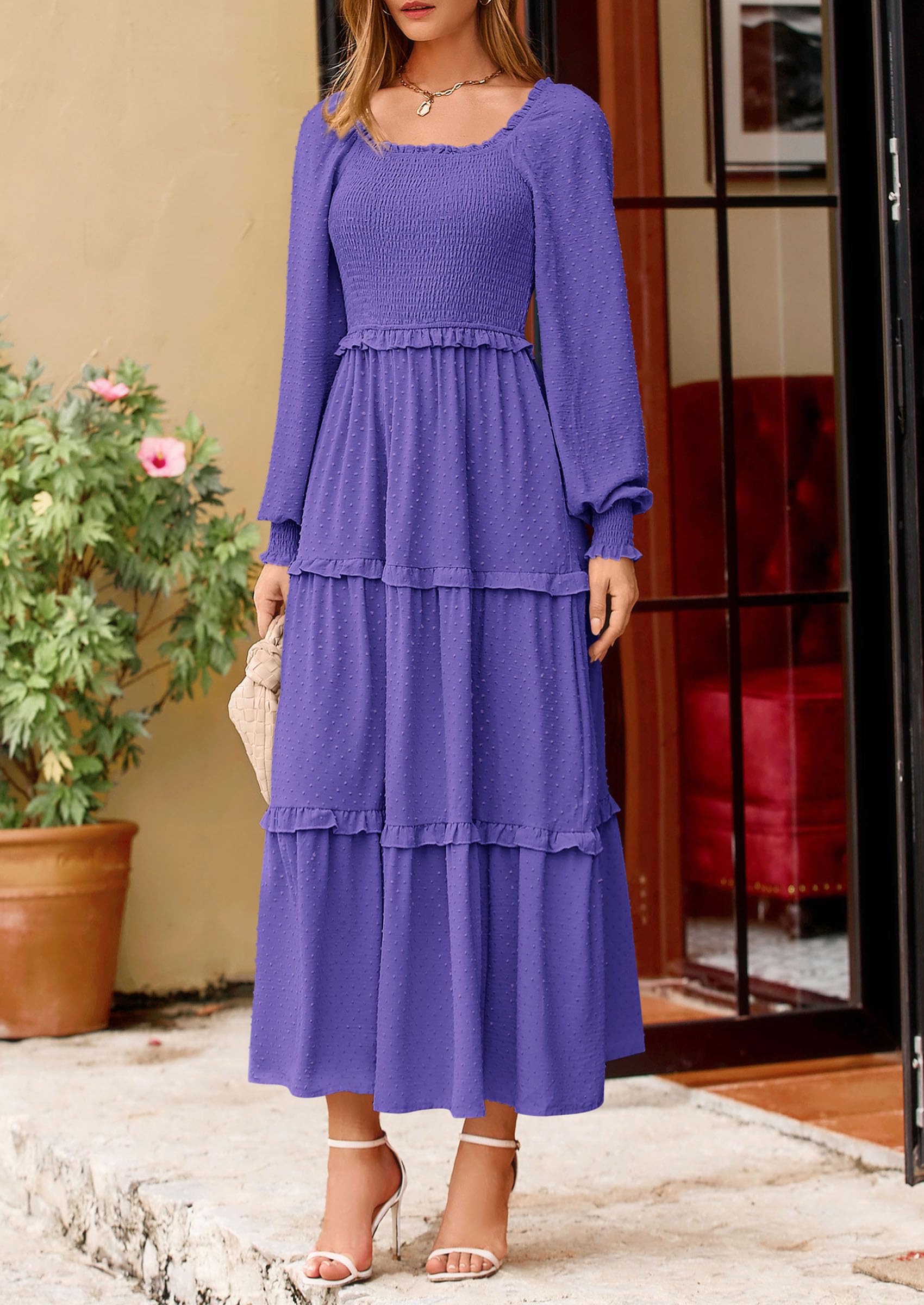 Women's Smocked Long Sleeve Maxi Dress Wedding Guest Dresses