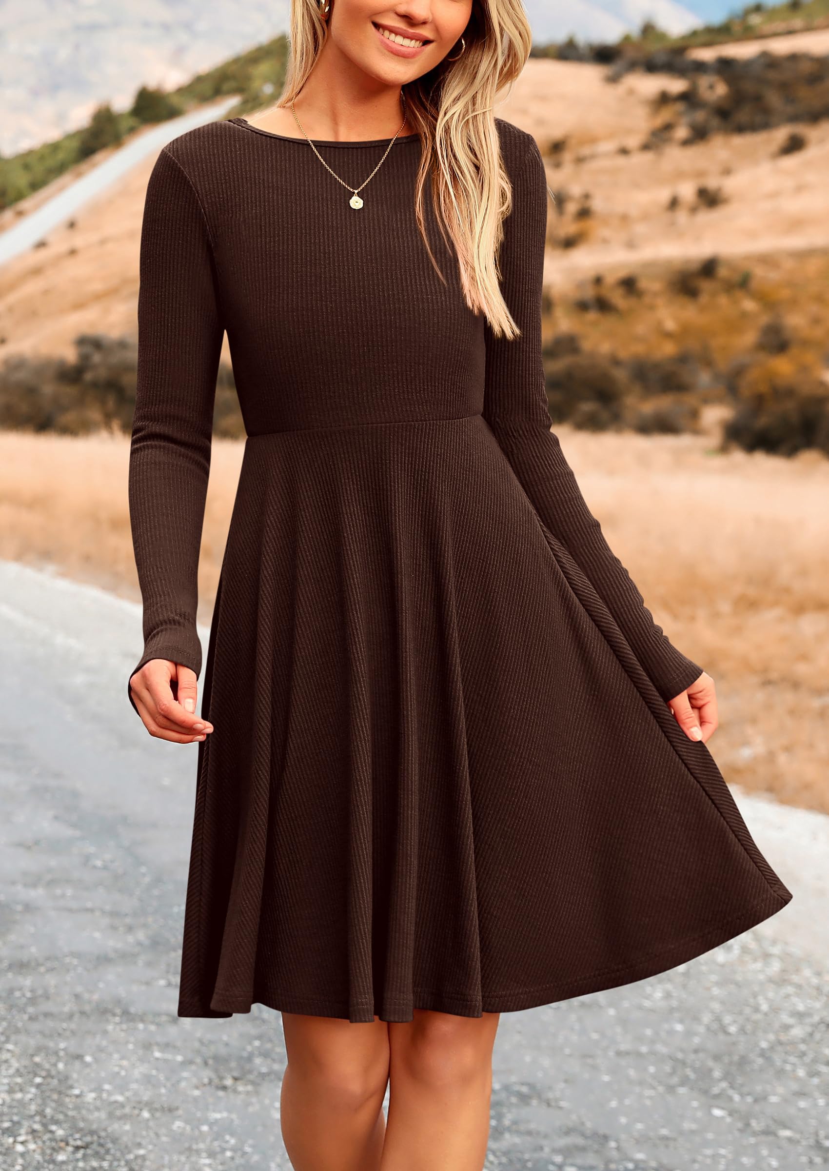 Women's Fall Casual Long Sleeve Short Dress (Dark Coffee,S)