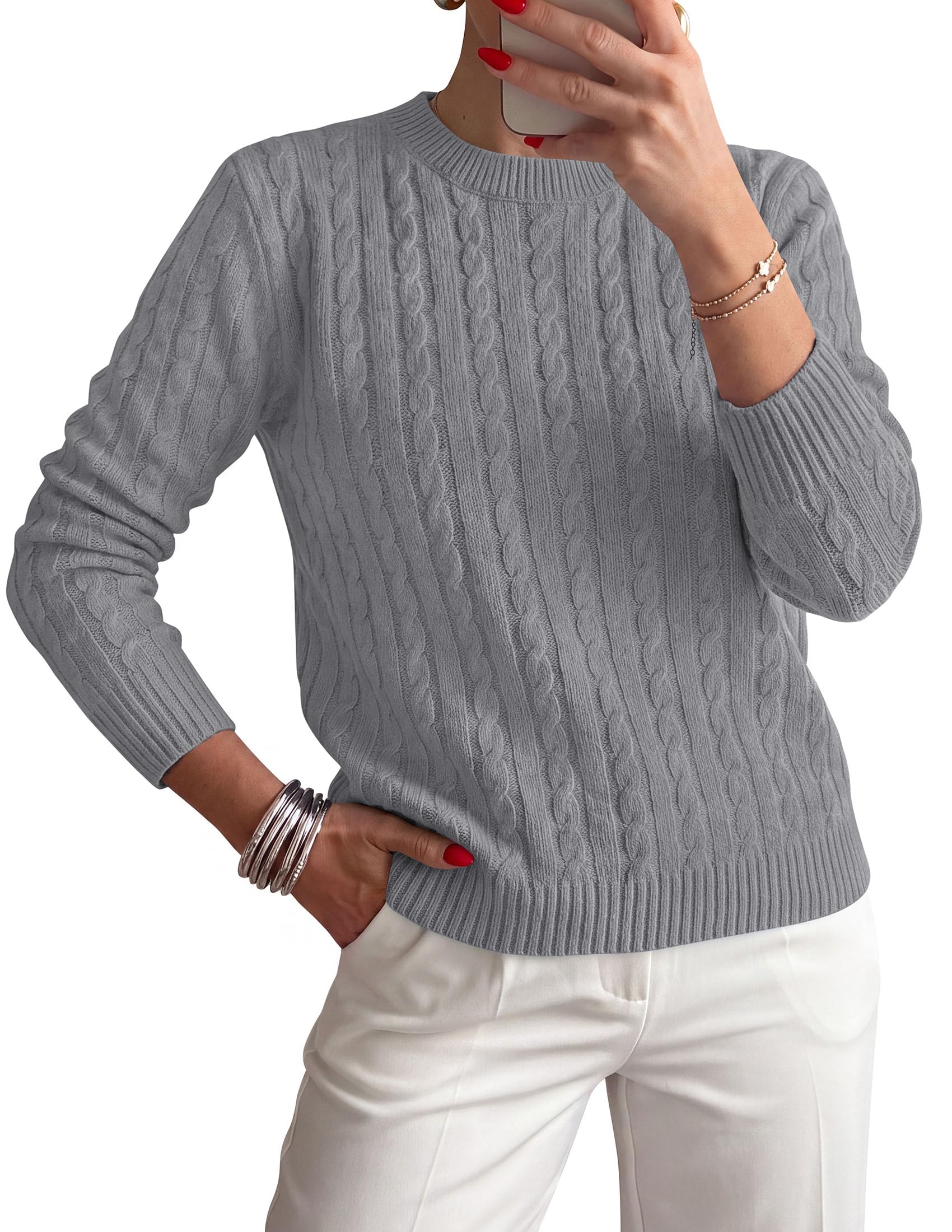 Womens Cable Knit Crewneck Fall Sweater Long Sleeve Tops 2026