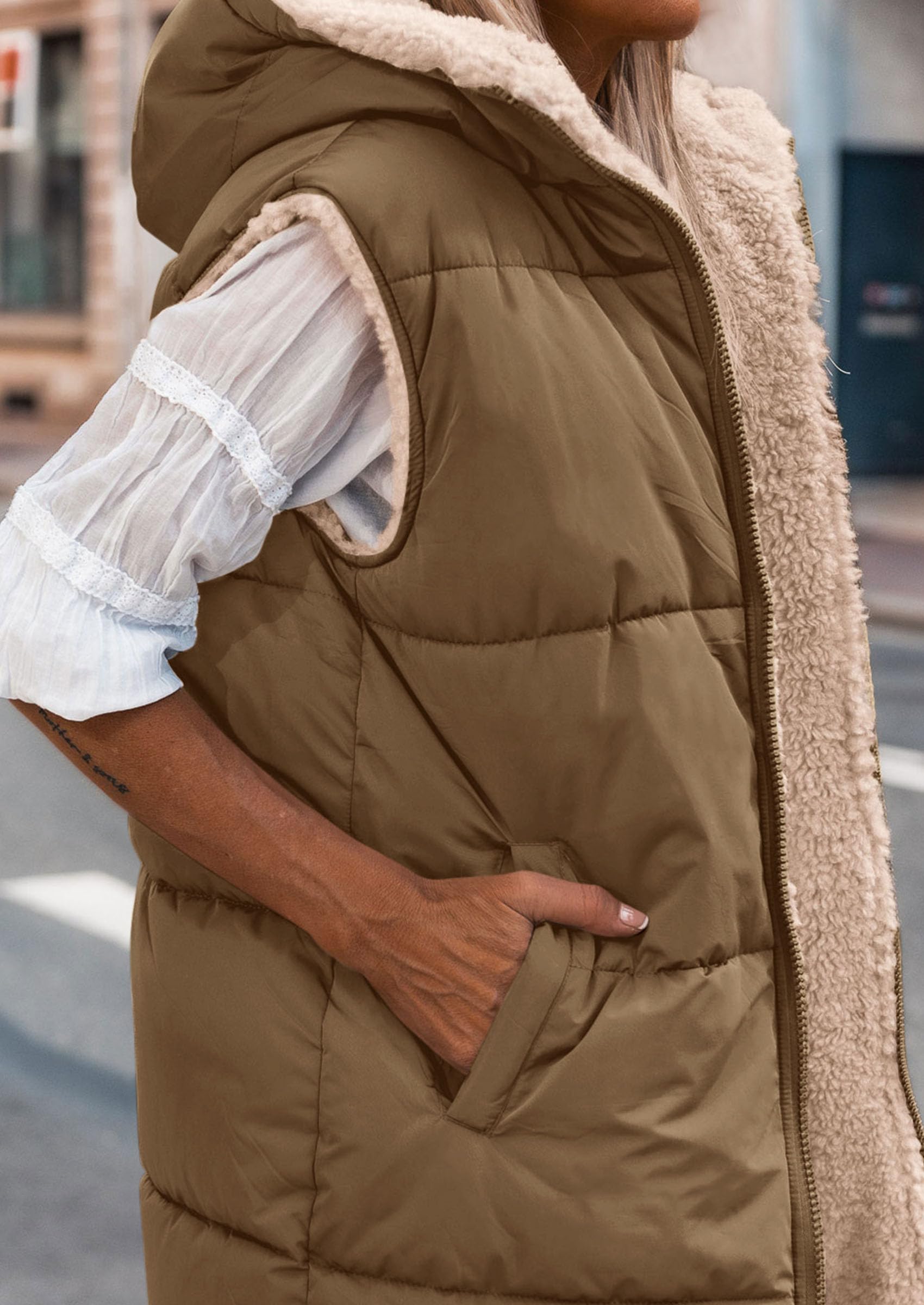Women's Winter Reversible Fleece Long Vests Light Army Green,S