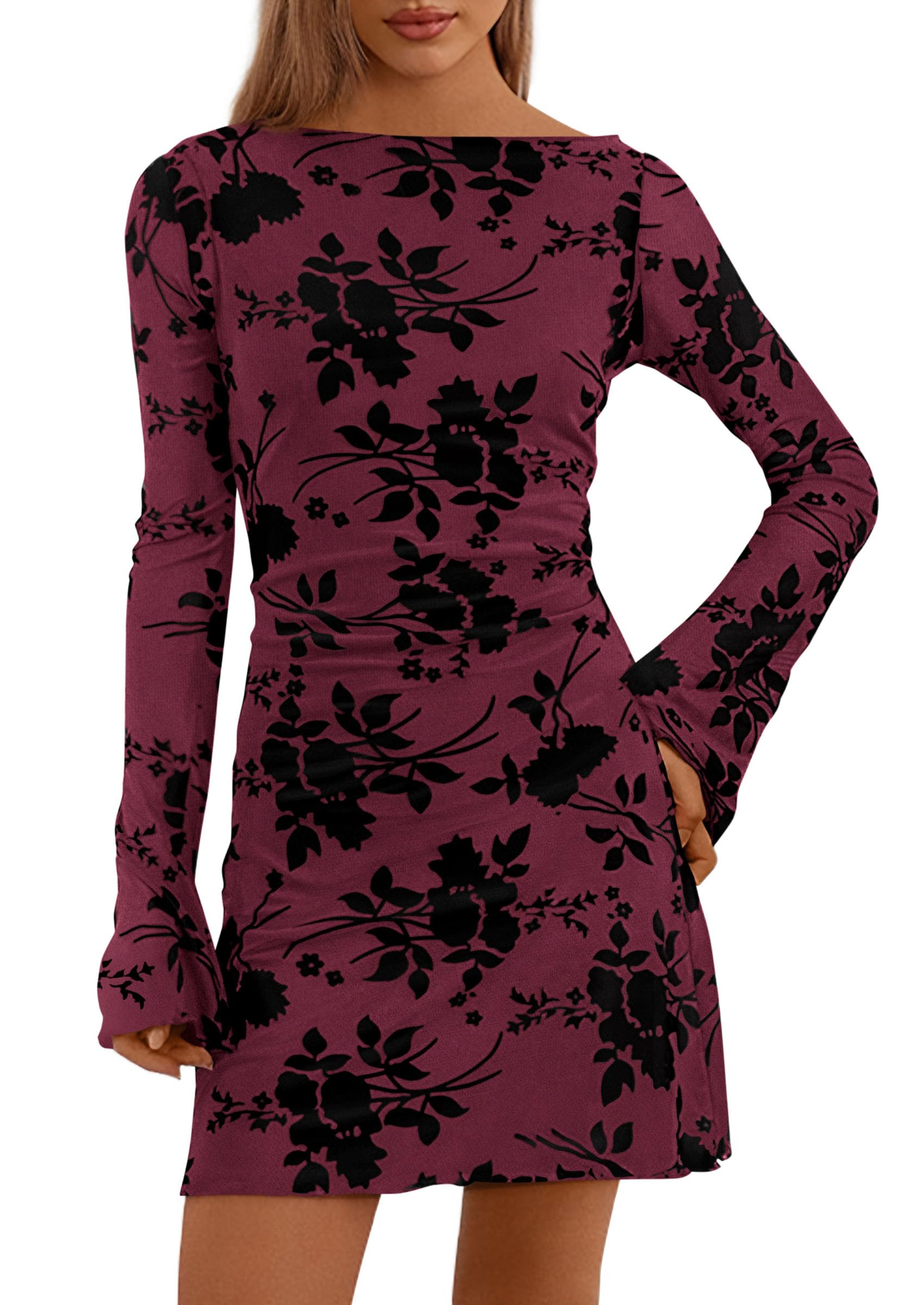Women's Fall Floral Long Sleeve Mini Dress (Red,XS)