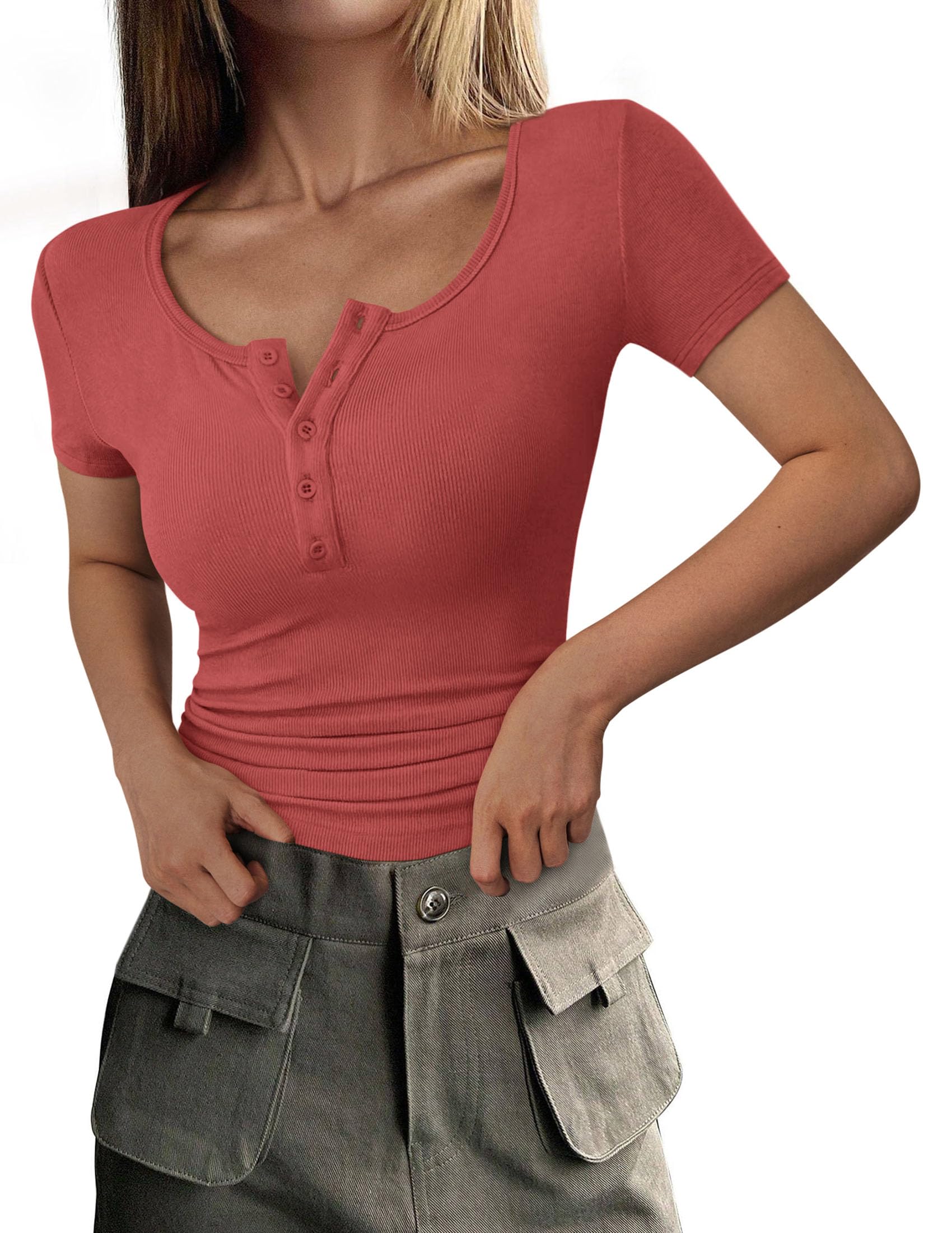 Women's Summer Tops Henley Tee Shirts (Coral Red,X-Small)