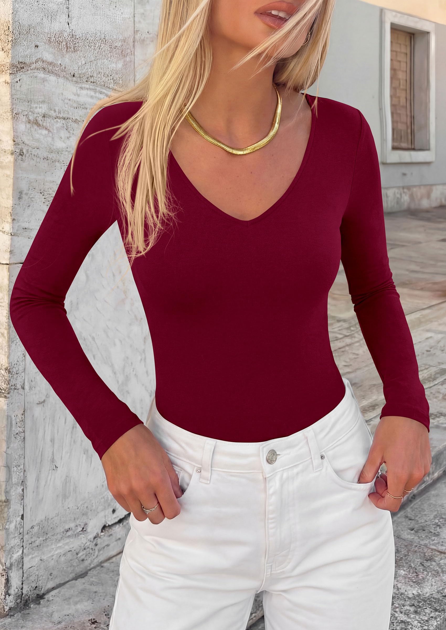 Women's V Neck Long Sleeve Bodysuits Tops (Burgundy,XS)