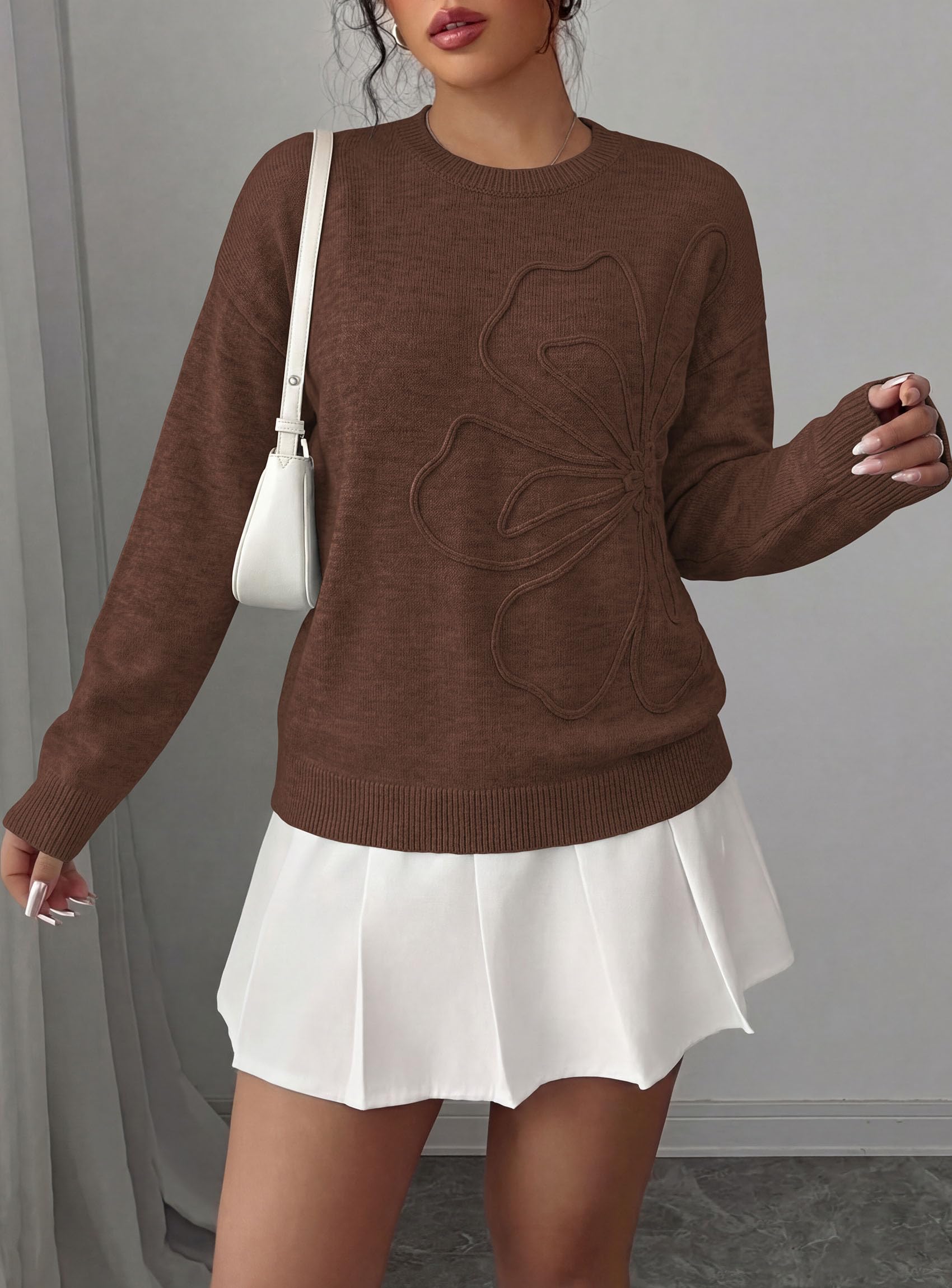 Sweaters for Women Fall Fashion Embroidered Floral Knit Tops