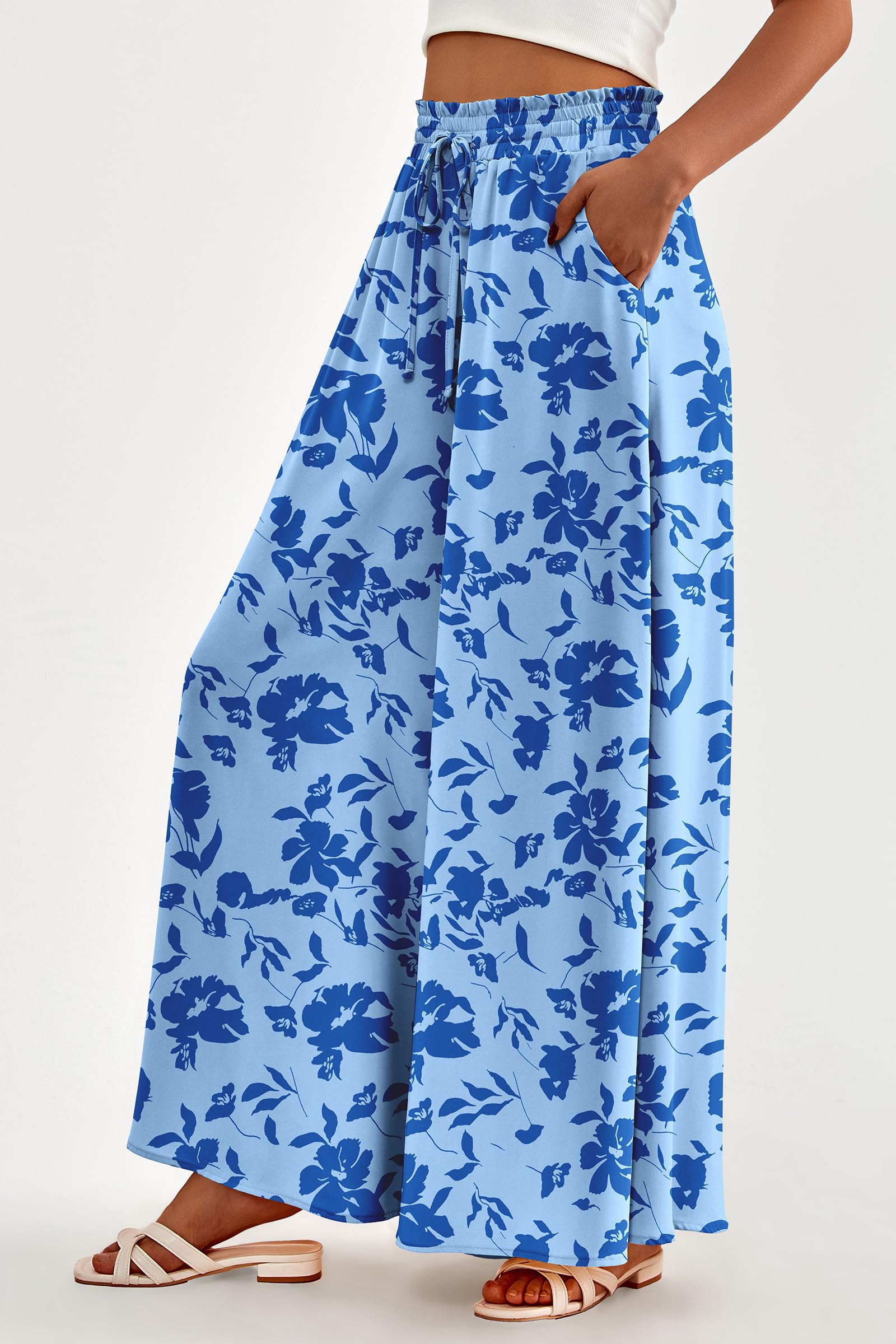 Summer Wide Leg Palazzo Pants for Women Casual,Print Blue,S