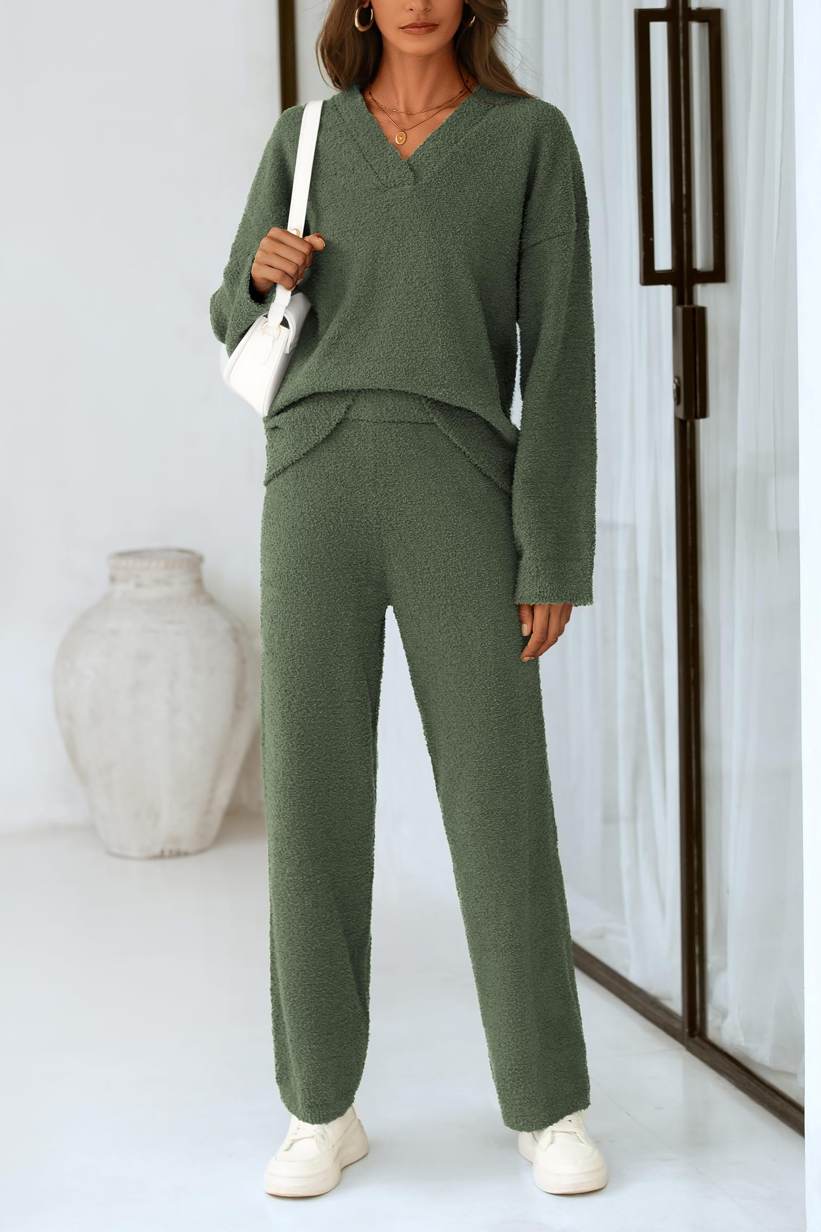 Lounge Sets for Women Fall 2 Piece Fuzzy Sweater Pajama Set