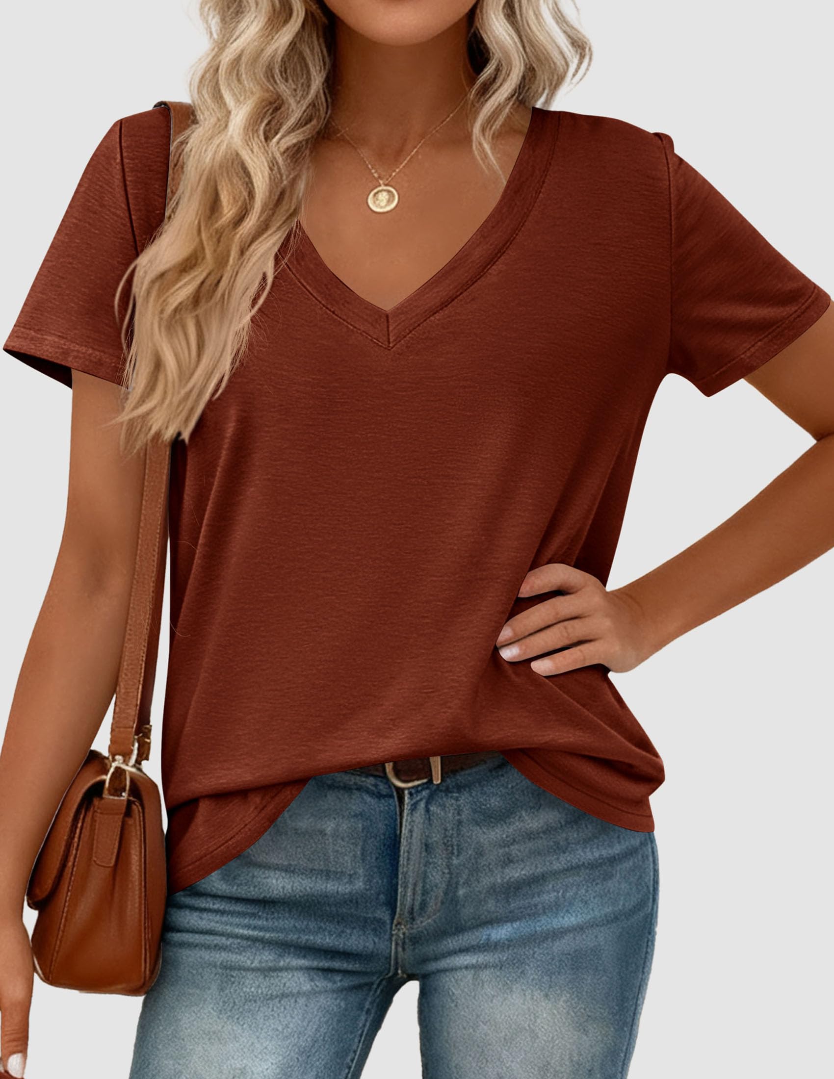 Womens Tops Short Sleeve Oversized Tshirts, Rust Red,S
