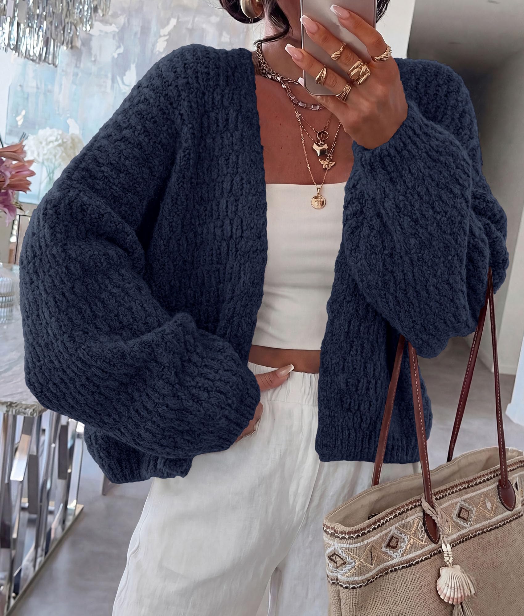 Women's Fall Cardigan Open Front Chunky Sweaters Navy Blue S
