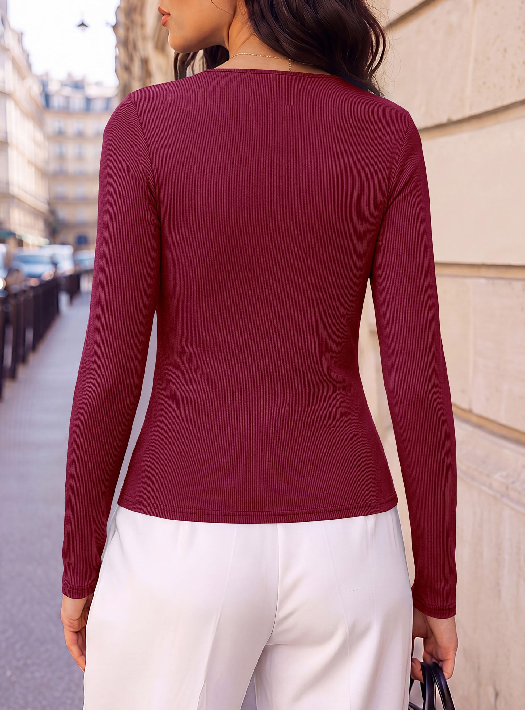 Women's Ribbed Knit V Neck Fall Blouses Long Sleeve Work Tops