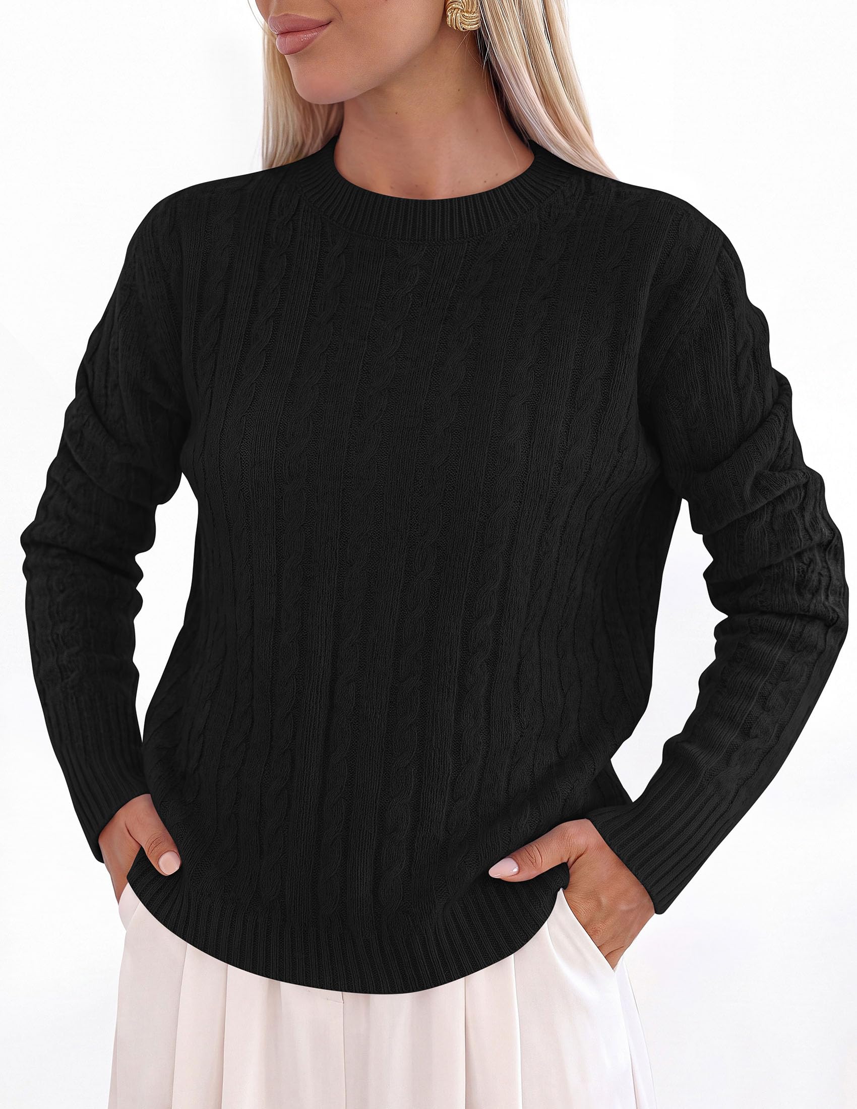 Womens Cable Knit Crewneck Fall Sweater Long Sleeve Tops 2026