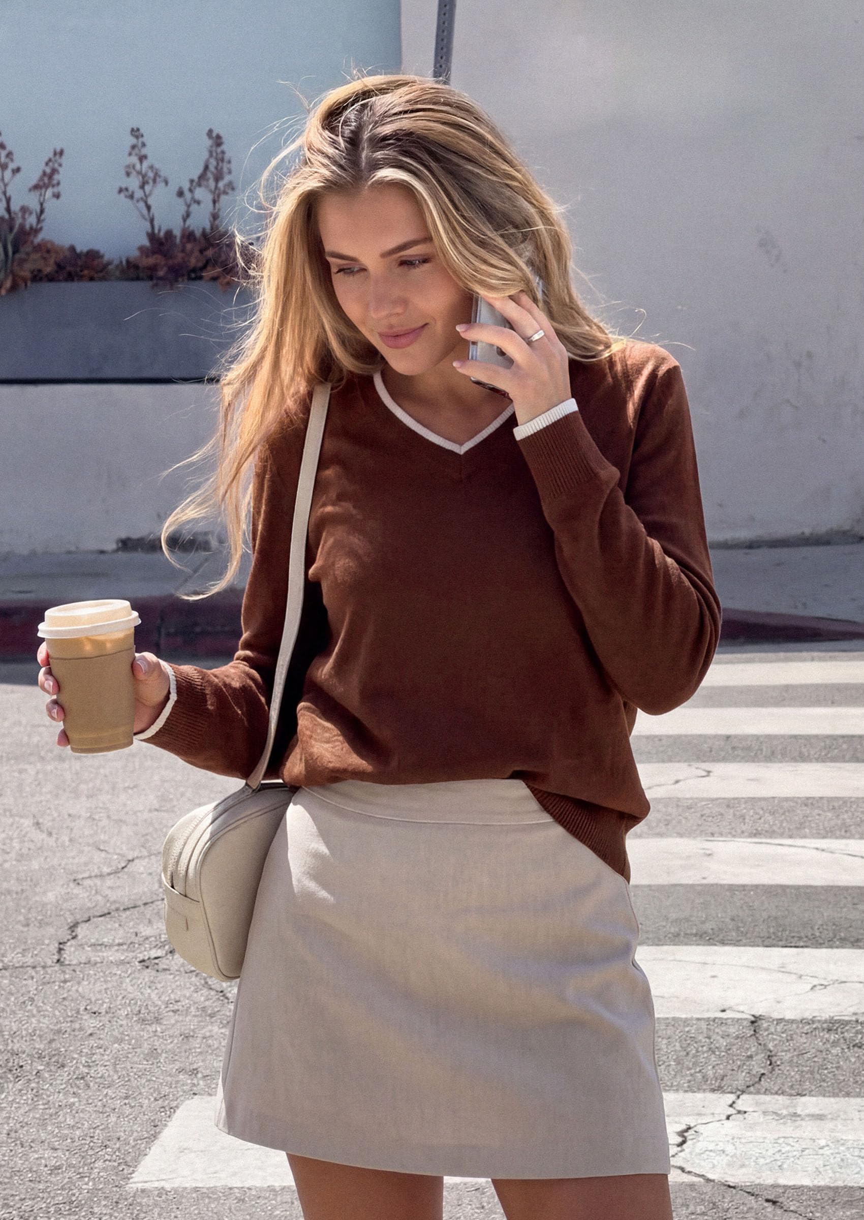 Women's V Neck Sweater Long Sleeve Knit Tops (Brown,S)