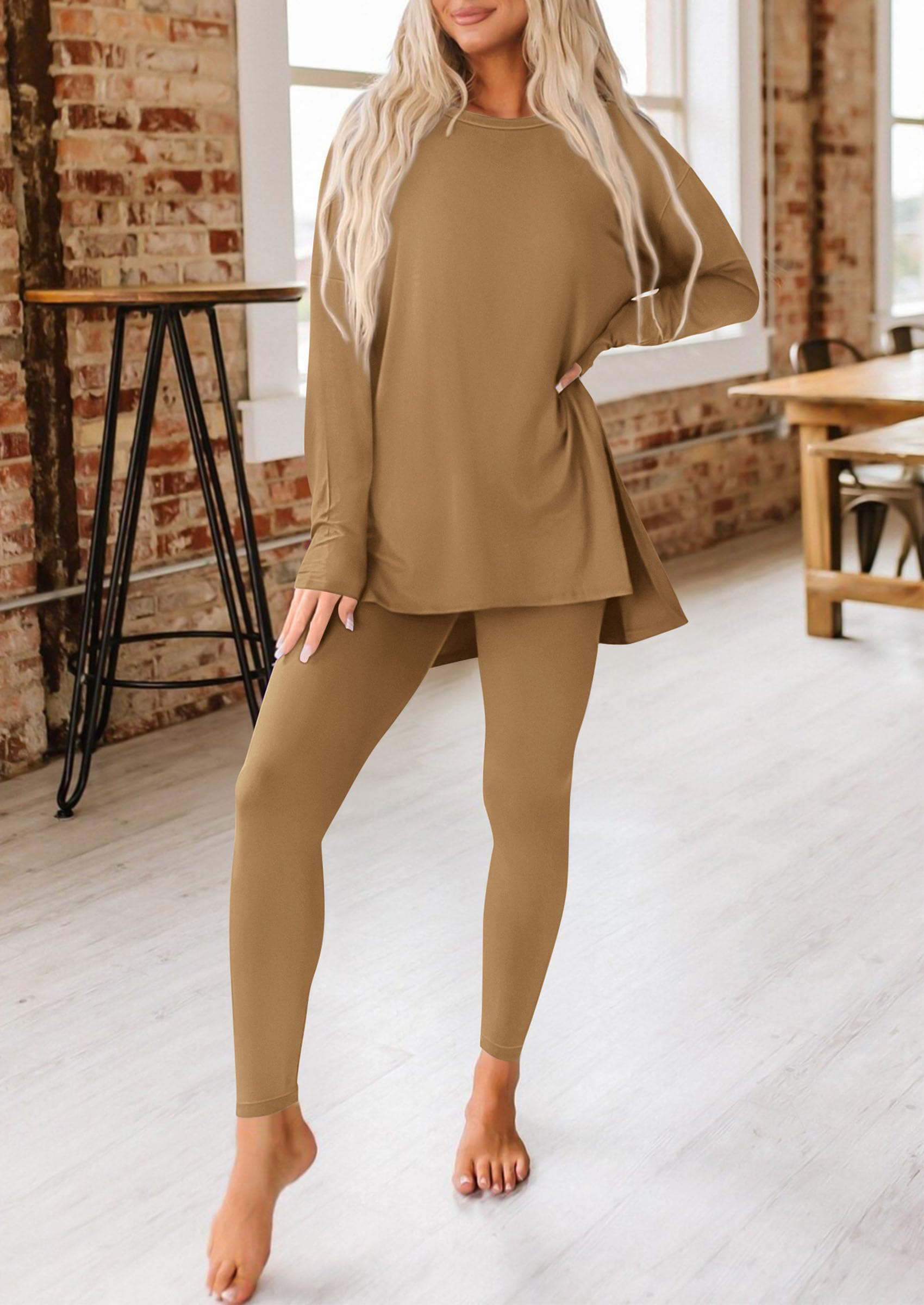 Women's 2 Piece Outfits Matching Lounge Sets,Khaki,S