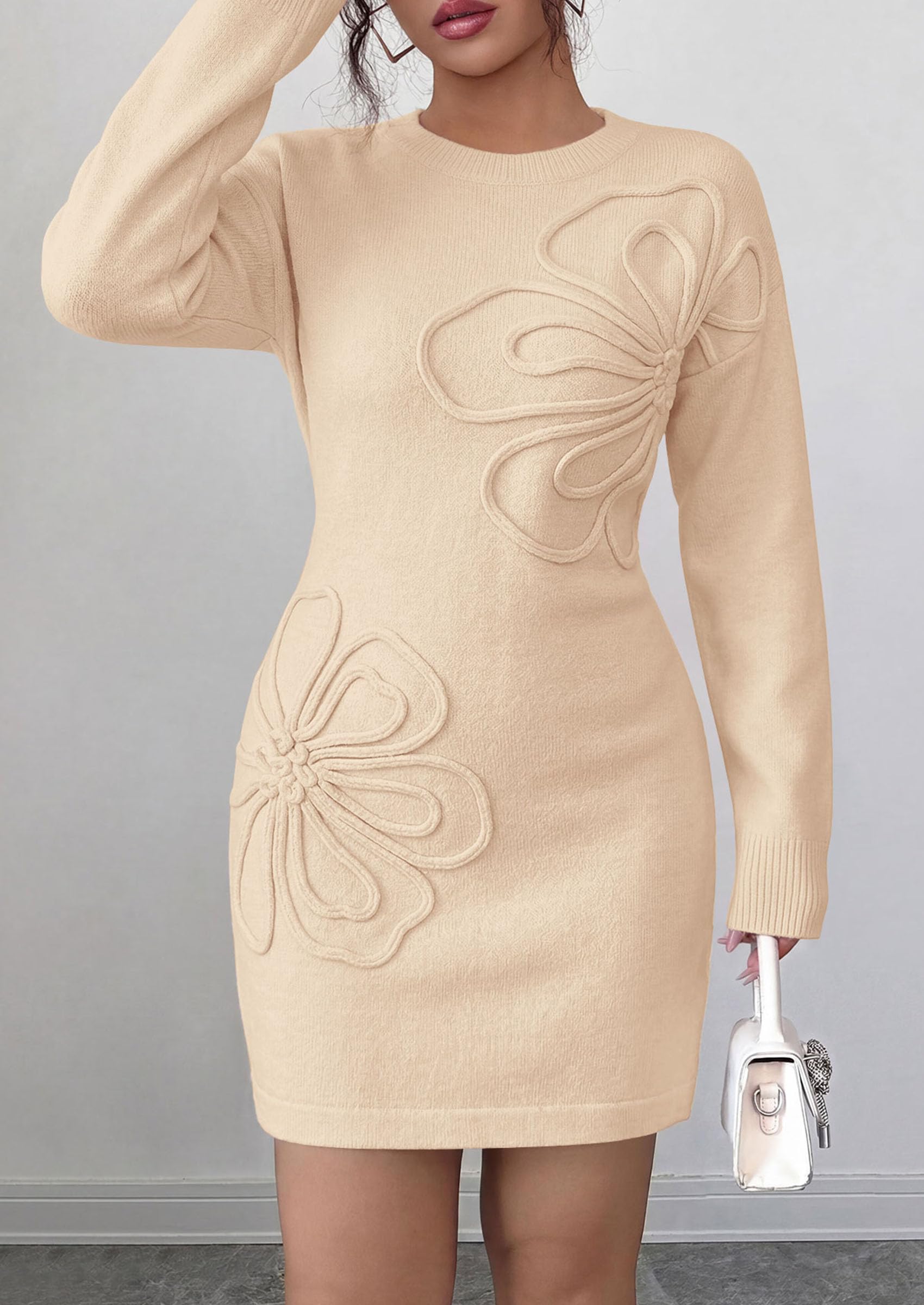 Women's Embroidered Long Sleeve Bodycon Mini Sweater Dress