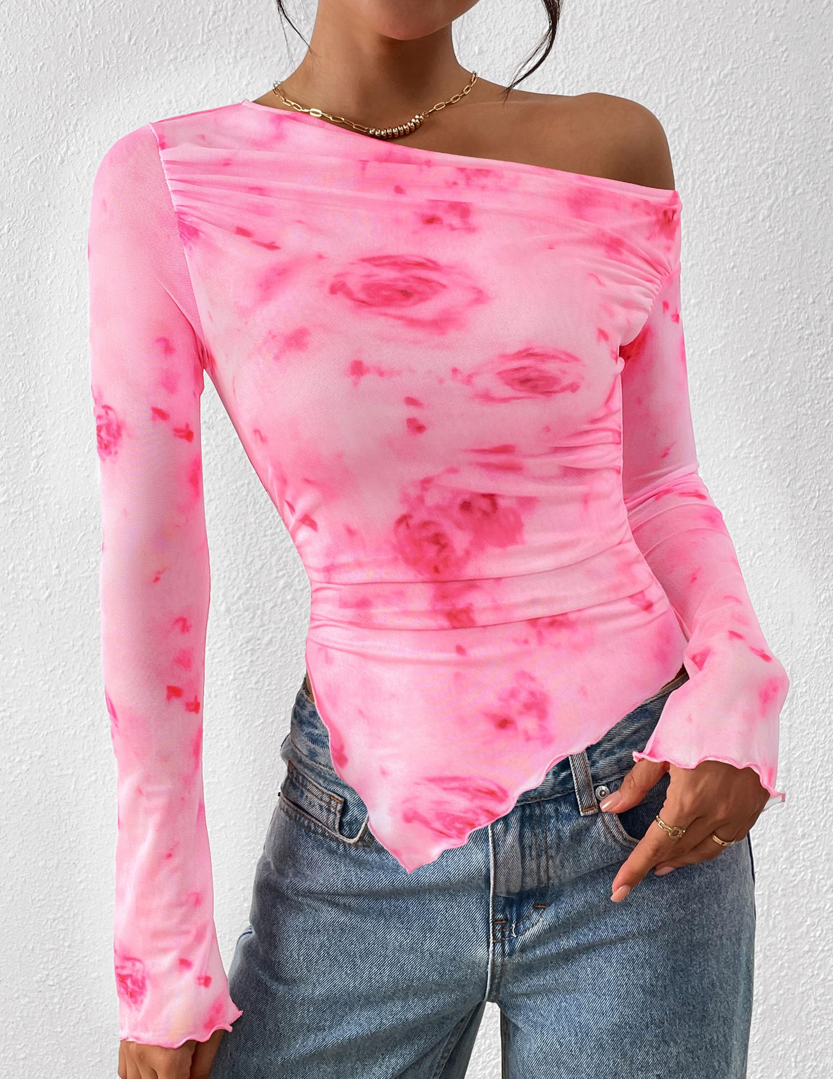 Womens Off Shoulder Mesh Y2k Tops,Floral Pink Red,XS
