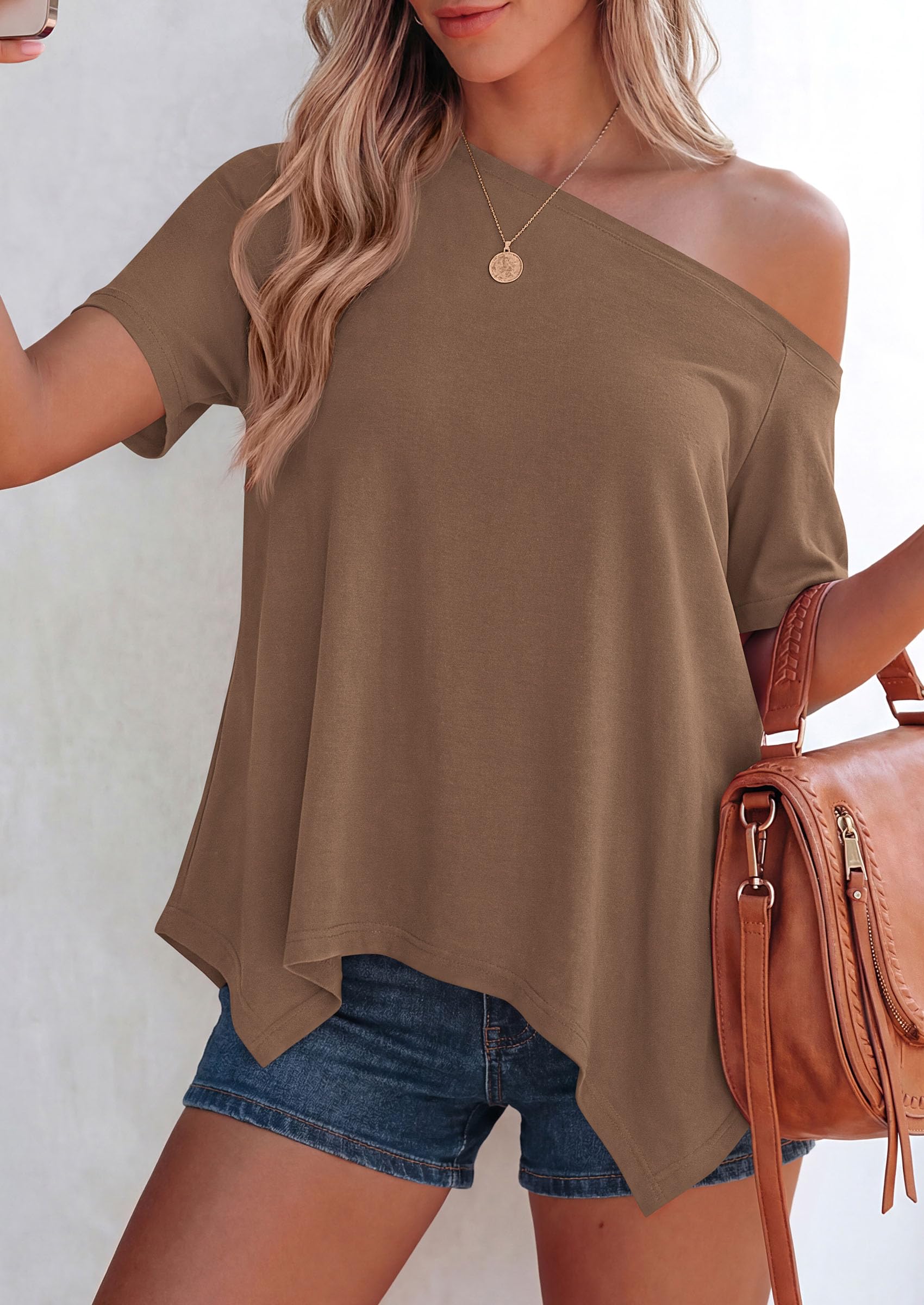 Off Shoulder Tops for Women Oversized Tshirts, Dark Khaki,S