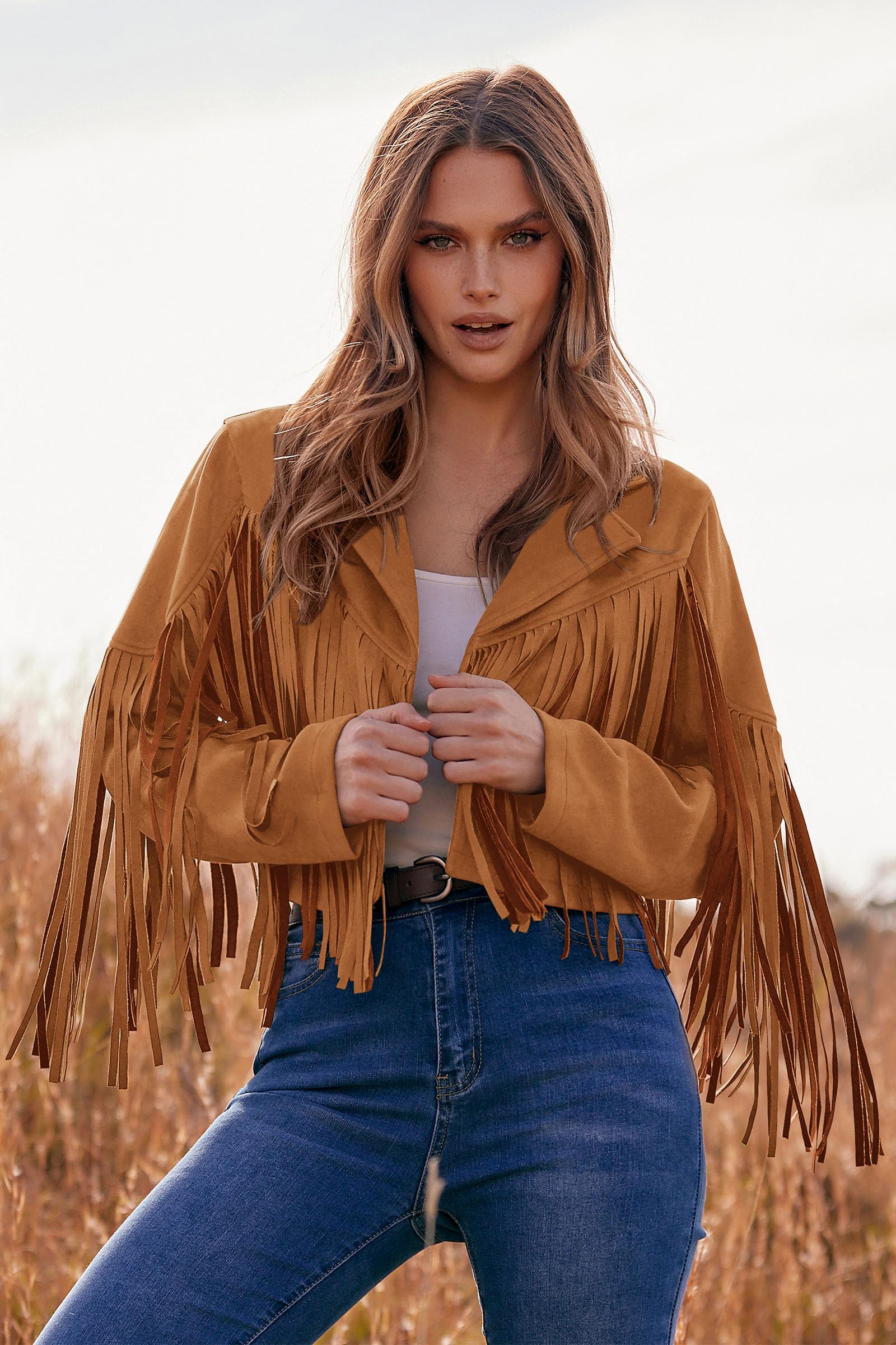 Women's Fringe Faux Suede Leather Jackets,Brown Yellow,M