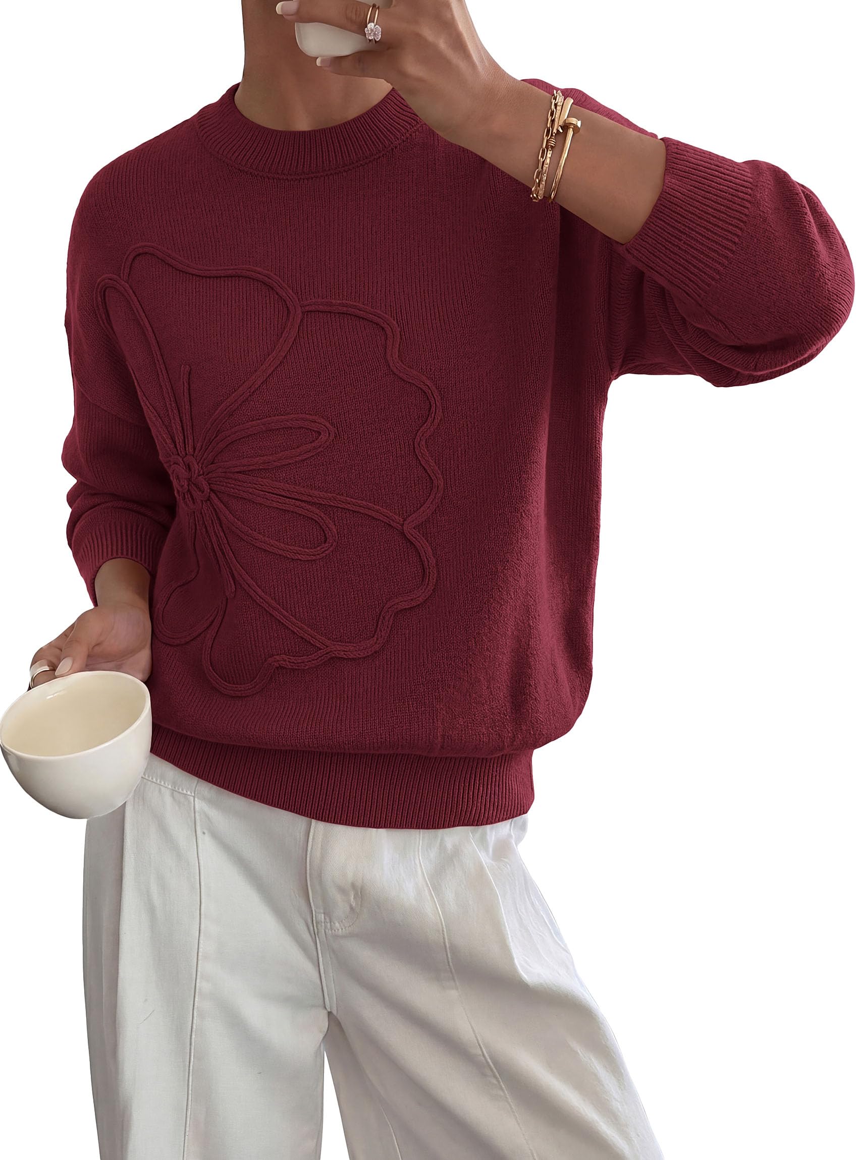 Womens Sweaters Floral Long Sleeve Knit Tops,Burgundy,S