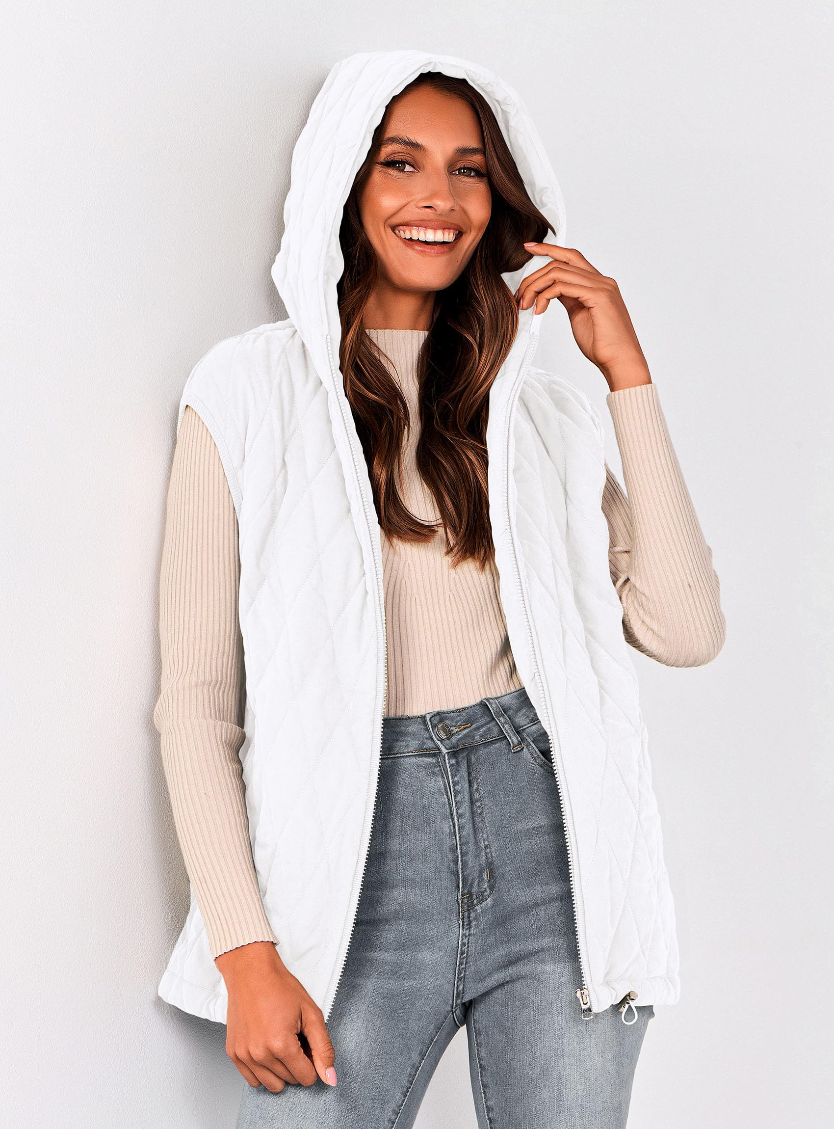Women's Fall Fashion Vest Zip Up Jacket(White,Small)